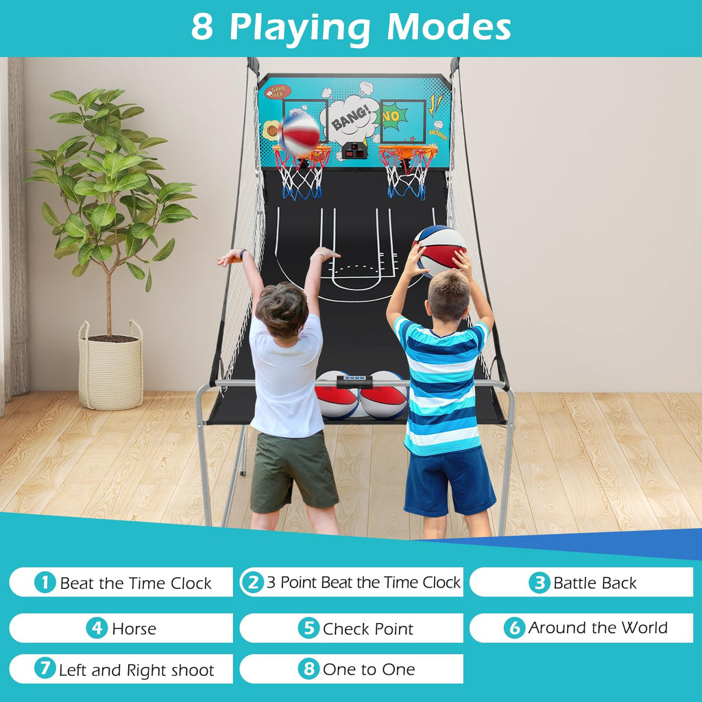 Goplus Foldable Dual Shot Basketball Arcade Game, Electronic Basketball Hoop w/LCD Scoreboard, 8 Game Modes, 4 Balls, Indoor Outdoor Basketball Game Machine for Adults (Green)