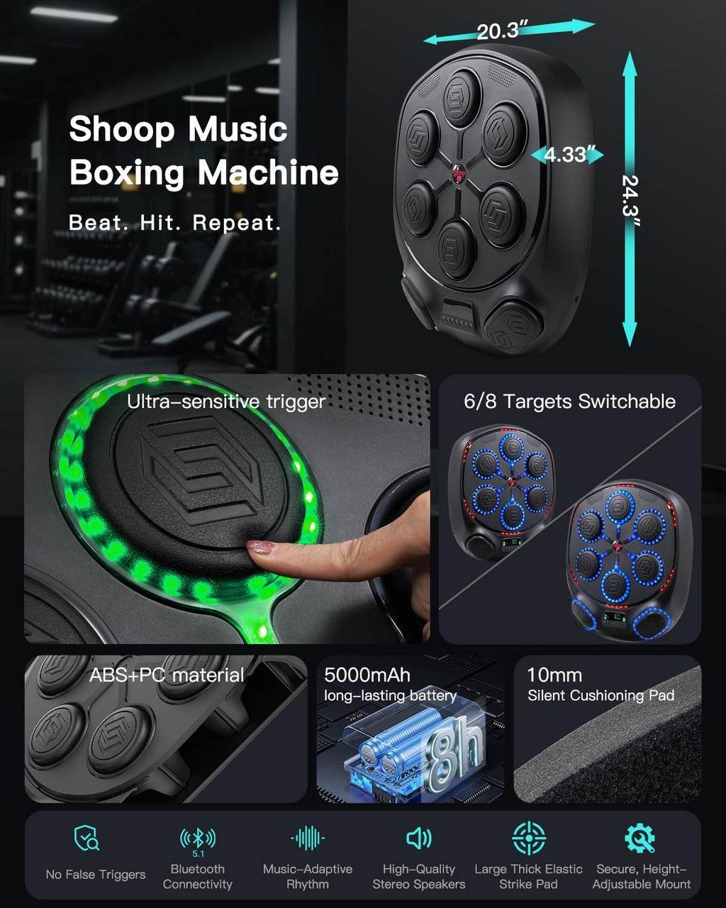 shroop Music Boxing Machine for Adults & Kids — Wall-Mounted Interactive Bluetooth Punch Trainer, High-Sensitivity, Rhythm Adaptation, 6/8 Targets, Ideal for Home, Office, and Gym Use