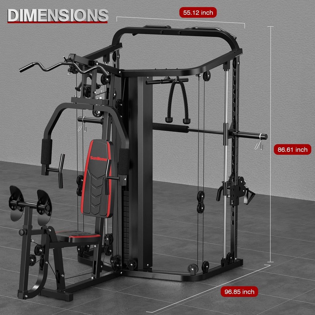 SunHome Multifunction Home Gym System Workout Station,Smith Machine with 138LB Weight Stack, Leg Press, LAT Station for Full Body Training