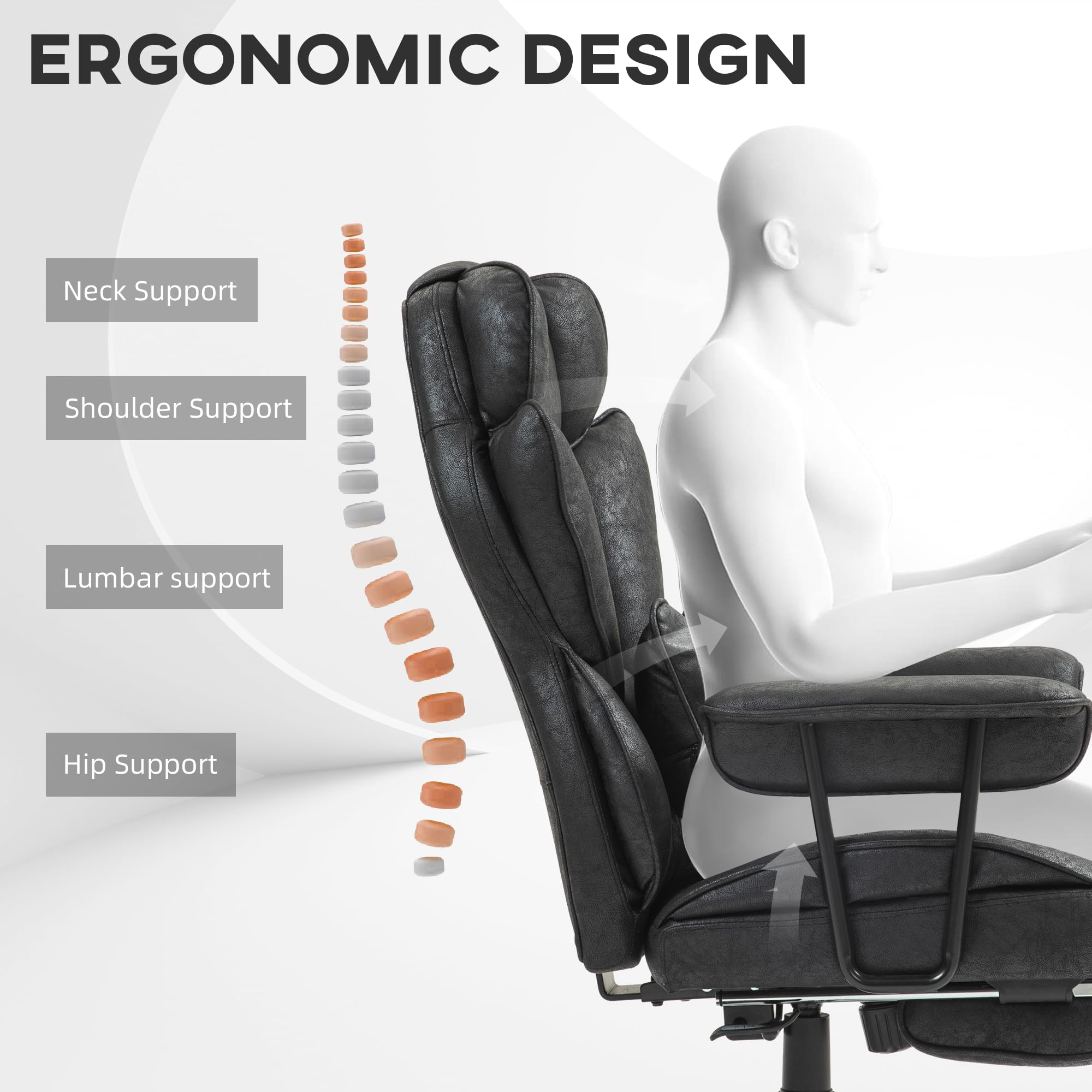 HOMCOM Massage Executive Office Chair with 6 Vibration Points, 400LBS Heated Big and Tall Office Chair with Foot Rest and Lumbar Support, Microfiber Reclining Computer Desk Chair, Gray
