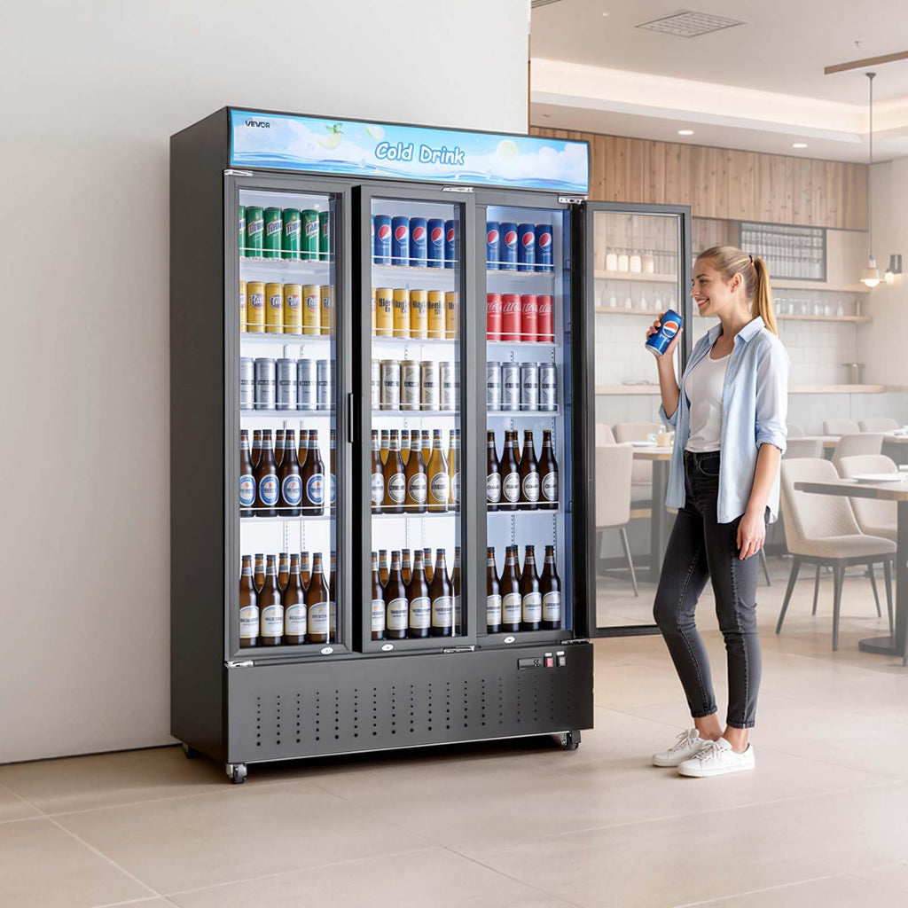 VEVOR Commercial Merchandiser Refrigerator, 6.9 Cu.Ft / 195L Glass Door Display Refrigerator, Upright Beverage Cooler Fridge with 4 Adjustable Shelves, Soft LED Light & Casters for Homes Shops Bars