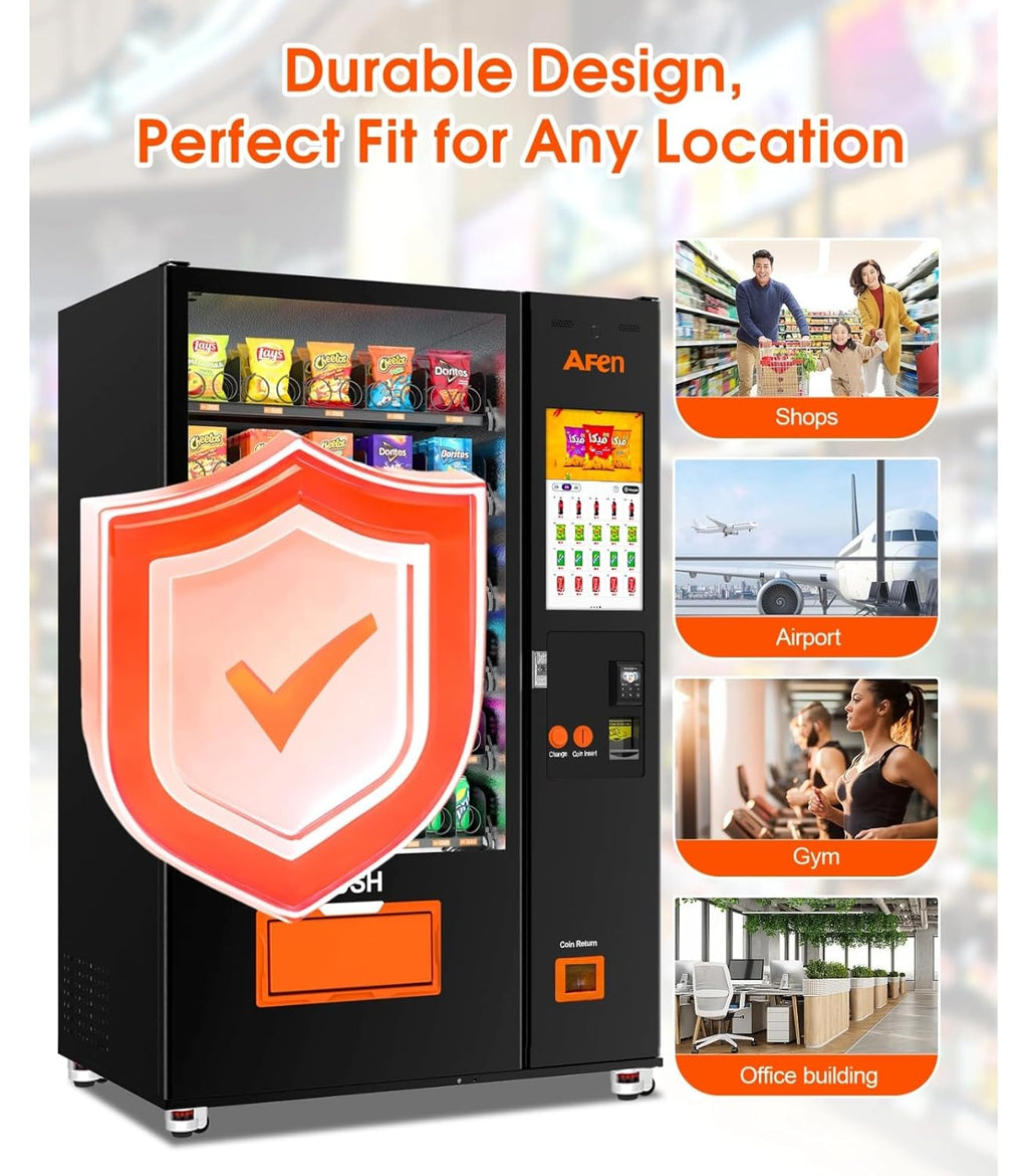 AFEN 60 Slots Vending Machine with Card Reader Commercial Snack & Drink Combo Vending Machine for Business Refrigerated, Mobile Remote Control, with 21.5" Touch Screen, Cashless Payment