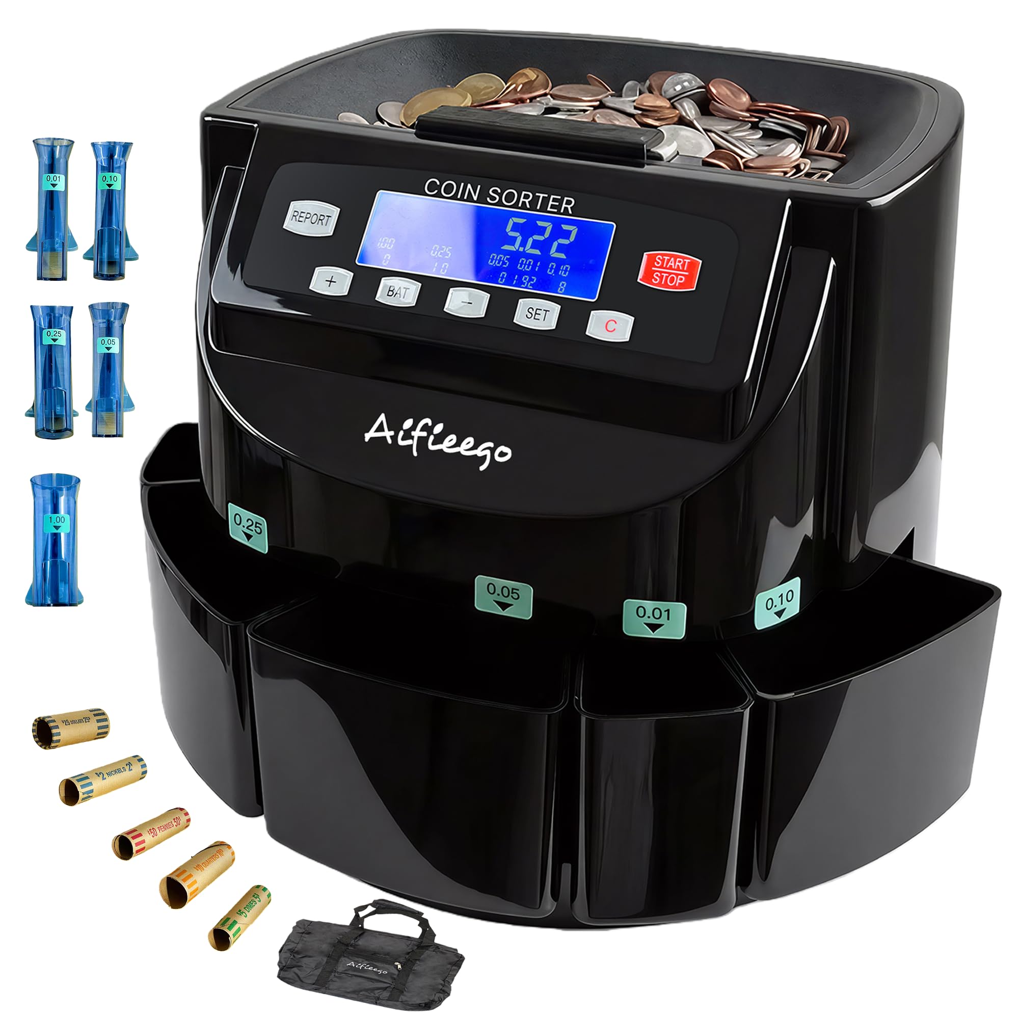 Coin Counter Sorter Wrapper Machine,Counting Wrapping US Change (A Black) | 3 In 1 Electric Coin Sorter Machine, Change Counter for US Coins, Fast Counting, Sorting,Wrapping with LCD, 50 Coin Wrappers