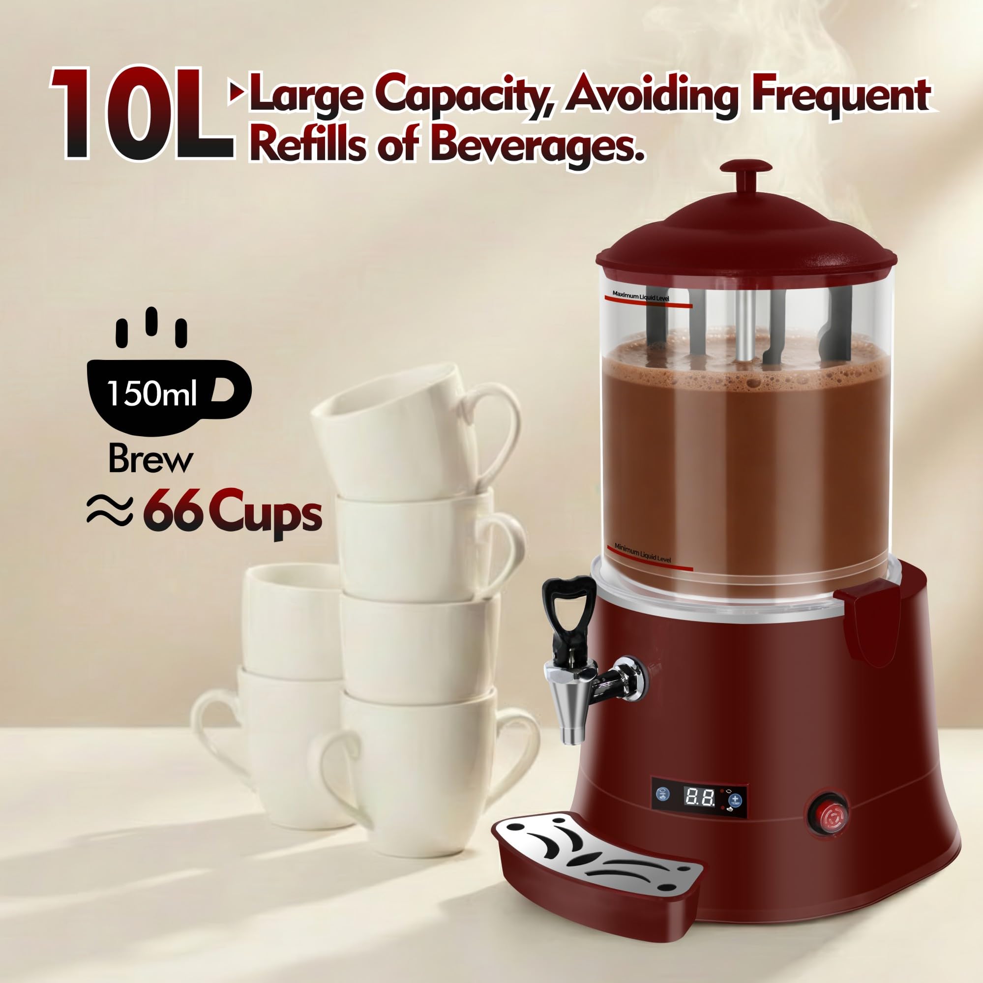 10L Commercial Hot Chocolate Machine & Beverage Dispenser, 110V Chocolatera with 86–194°F Adjustable Temperature Control, Removable PC Bowl for Cocoa