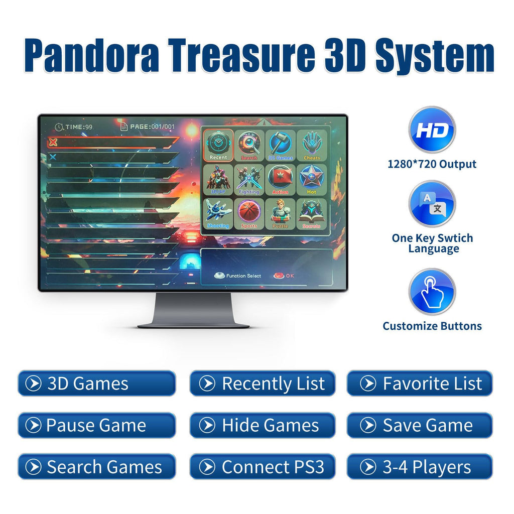 32000 Games 3D Pandora Box Arcade Game Console,Retro Video Game Machine for TV, 1280x720 HD Output,Search/Save/Hide/Pause Games,Support 4 Players,Two Splited Joysticks.