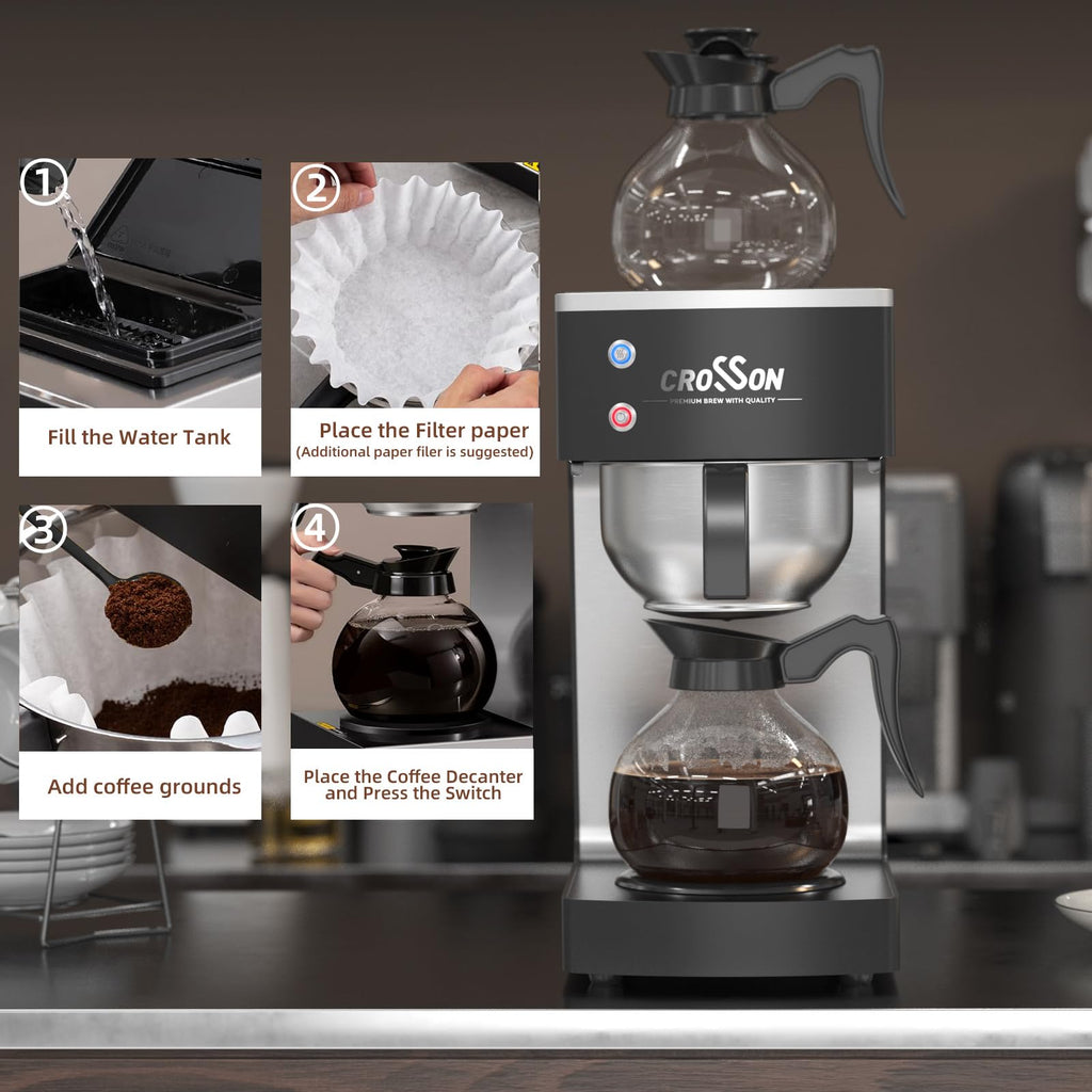 crosson 200 Cup/hour Commercial Drip Coffee Maker, 7.2L Pour Over Coffee Brewer with 4 Glass Decanter&Warmers and Easy Clean Fingerprint Free Housing and 304 Stainless Steel Funnel,