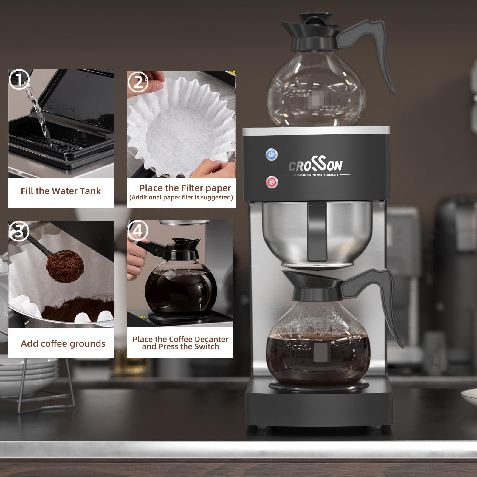 crosson 200 Cup/hour Commercial Drip Coffee Maker, 7.2L Pour Over Coffee Brewer with 4 Glass Decanter&Warmers and Easy Clean Fingerprint Free Housing and 304 Stainless Steel Funnel,