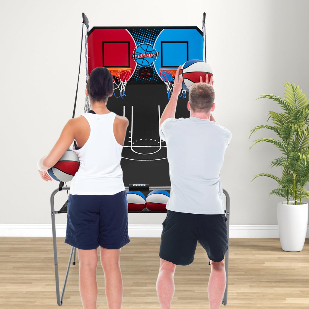 Goplus Foldable Dual Shot Basketball Arcade Game, Electronic Basketball Hoop w/LCD Scoreboard, 8 Game Modes, 4 Balls, Indoor Outdoor Basketball Game Machine for Adults (Green)