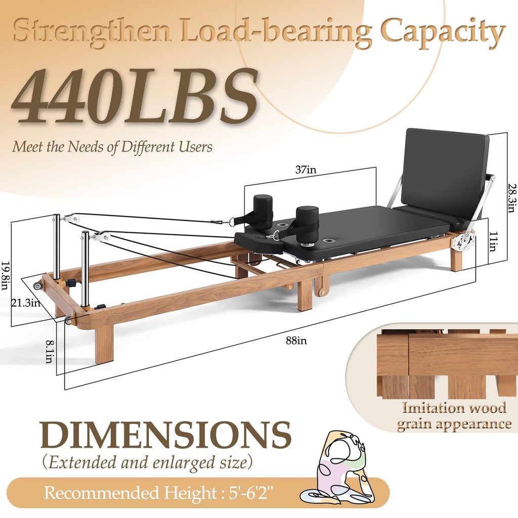Foldable Pilates Reformer Machine – 88" Long Imitation Wood Frame with Jumpboard & Box Included, Dual Resistance System (Springs + Latex Tubes) for Full Body Workout, Home Gym Equipment for Women Men