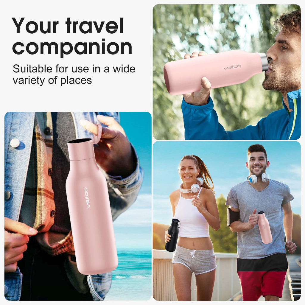 VSITOO 33oz Smart Self-Cleaning Water Bottle，Large Insulated Stainless Steel Bottle with AI Self-Clean, 30-Day Battery & Magnetic Charging for Outdoor Travel, Gym or Office, Pink