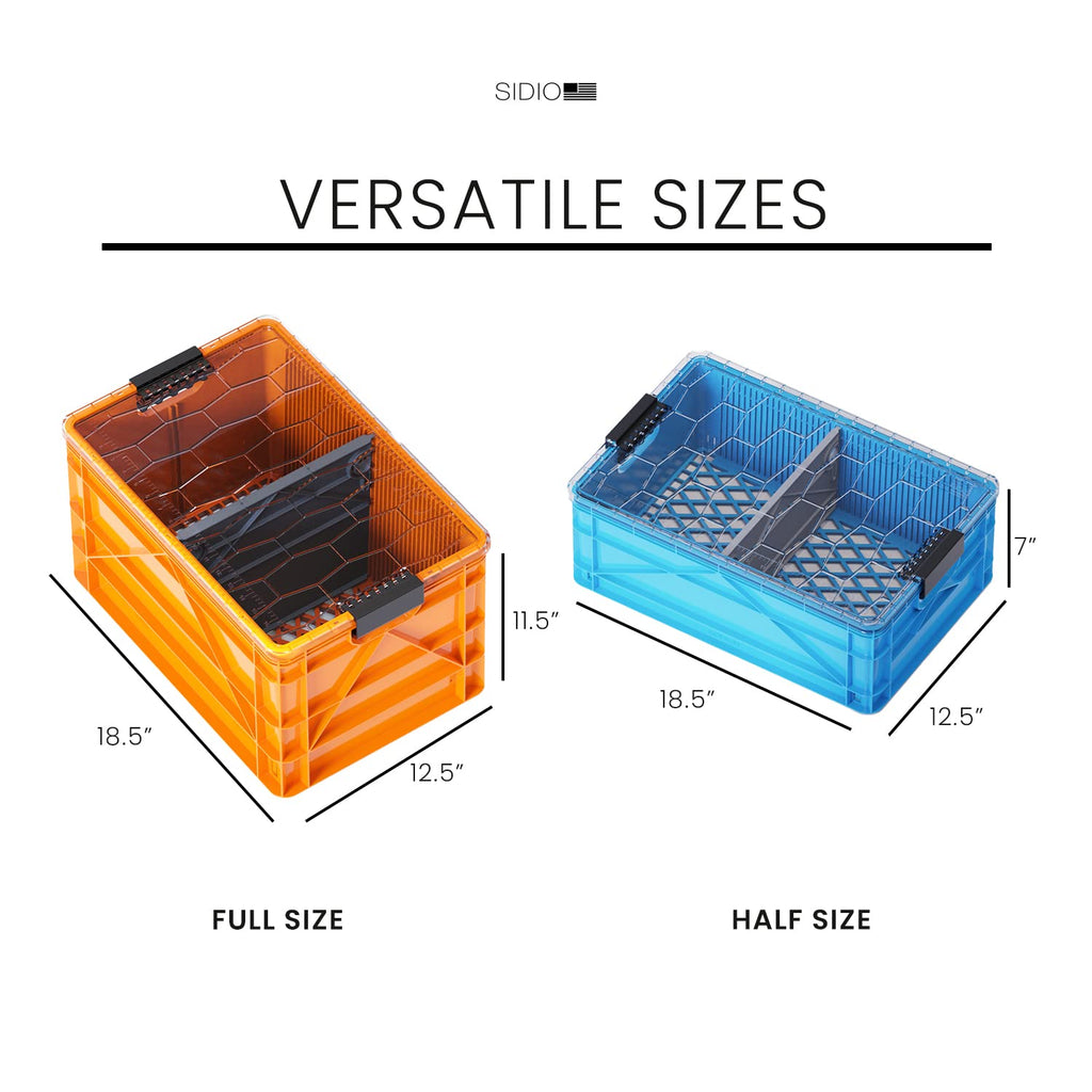 SIDIO CRATE Starter Pack - Two Full Size and One Half Size SidioCrate, Stackable Outdoor Organizer Storage Bins with Clear Lid and Dividers - Tan
