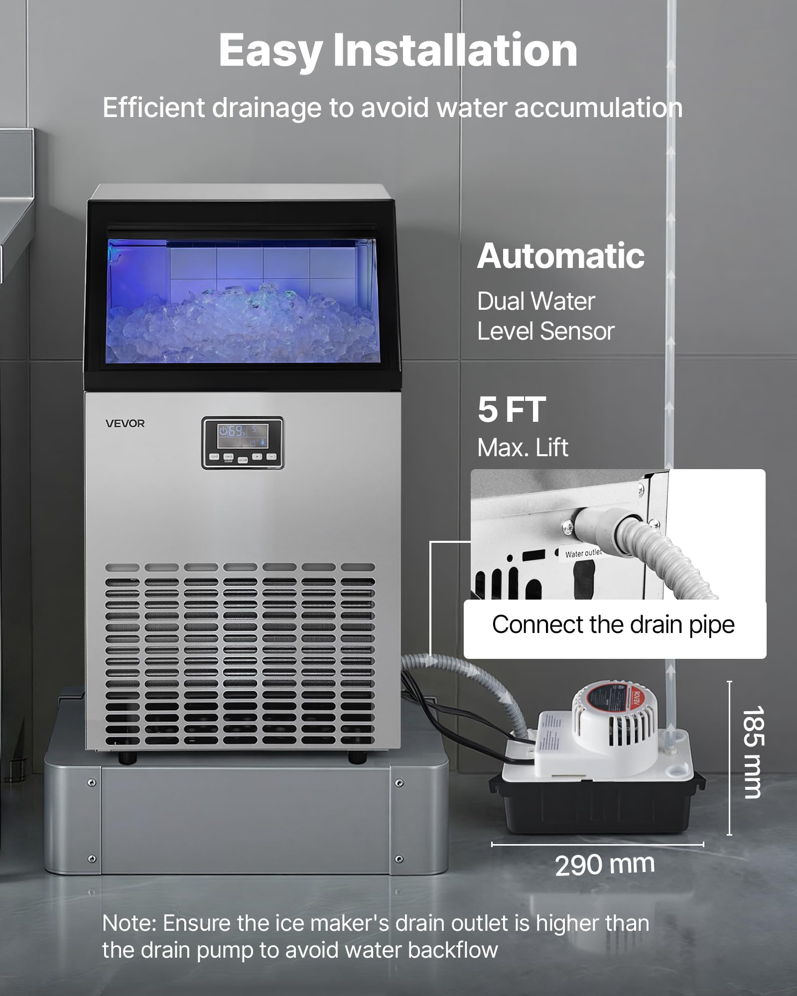 VEVOR Commercial Ice Maker Machine with Pump, 360 lbs/24h with 85 lbs Storage Capacity, Built-in/Freestanding/Under Counter, Stainless Steel Ice Maker with LED Display & Self-Cleaning, for Home Bar