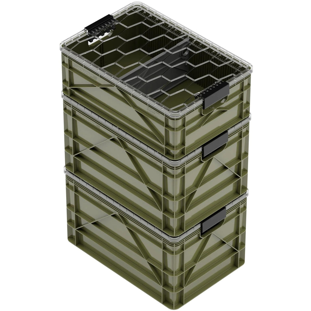 SIDIO CRATE Starter Pack - Two Full Size and One Half Size SidioCrate, Stackable Outdoor Organizer Storage Bins with Clear Lid and Dividers - Tan