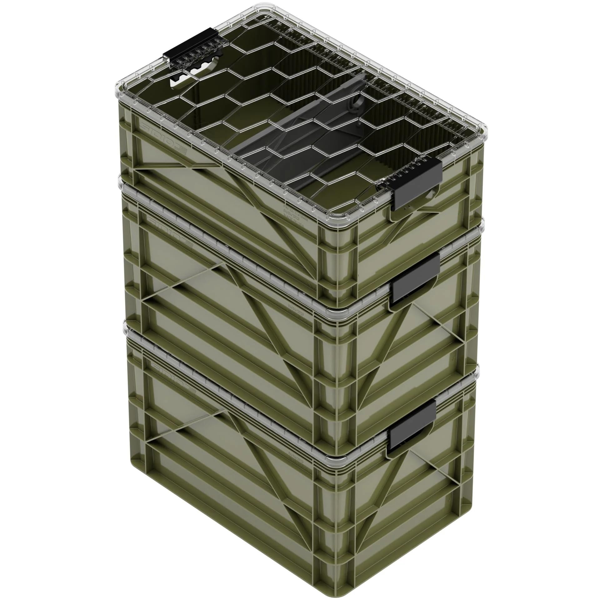 SIDIO CRATE Starter Pack - Two Full Size and One Half Size SidioCrate, Stackable Outdoor Organizer Storage Bins with Clear Lid and Dividers - Tan