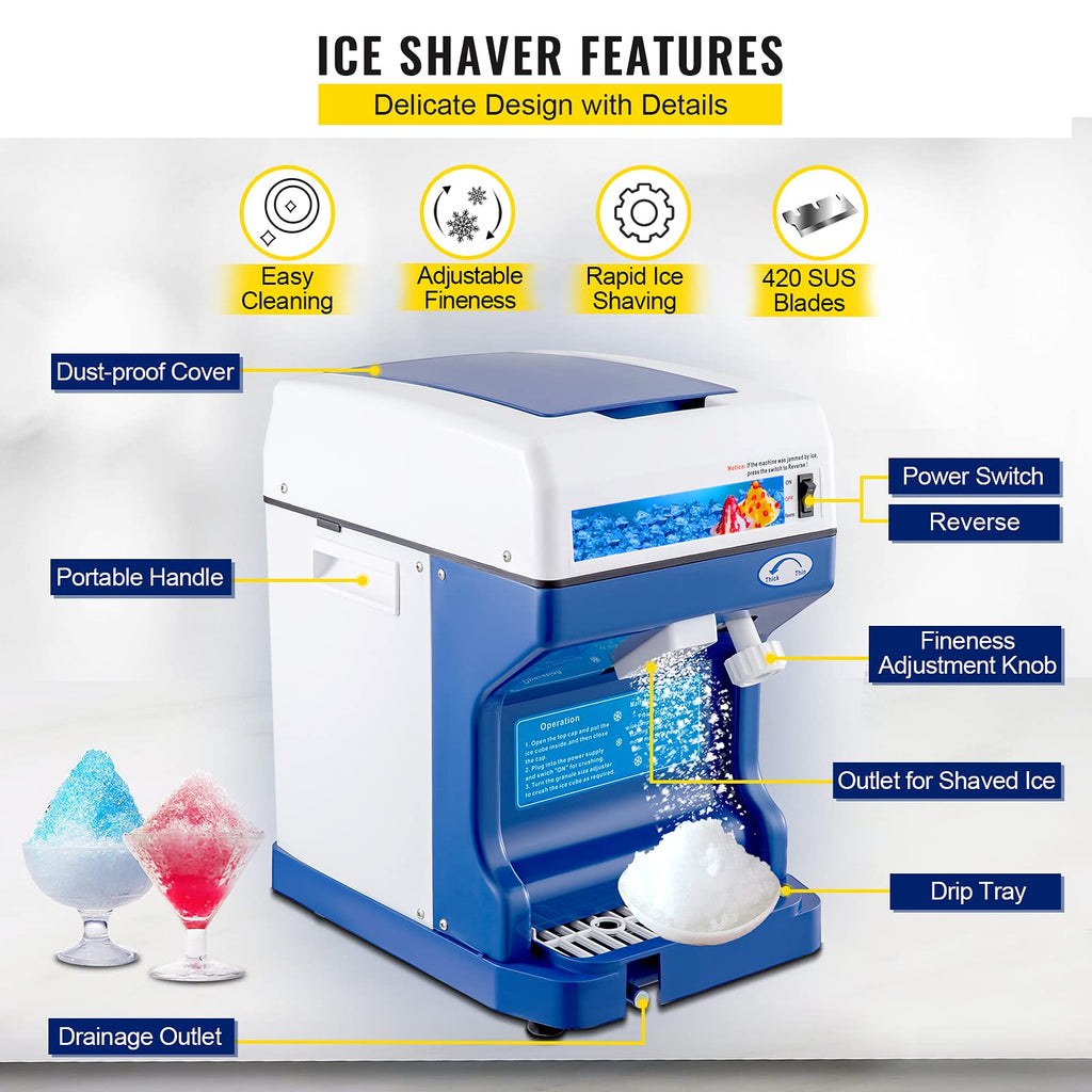 VEVOR Commercial Ice Shaver Crusher, 220lbs/hr Electric Fluffy Ice & Snow Cone Machine, 250W 1500RPM Tabletop Fluffy Shaved-Ice Machine for Parties Events Snack Bar, Home and Commercial Use (White)