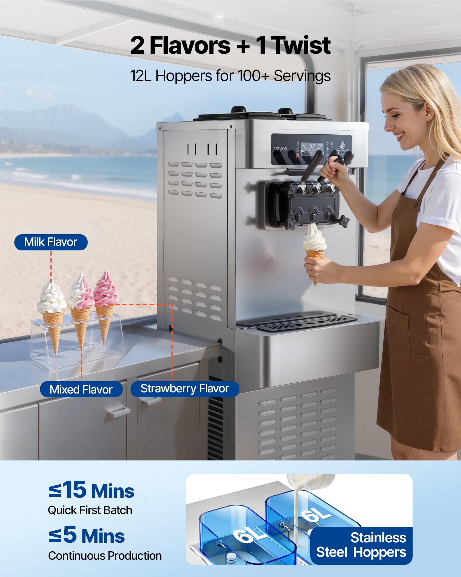VEVOR Commercial Ice Cream Machine, 21 QT/H Soft Serve Ice Cream Maker with LCD Panel Auto Clean 3-Flavor Pre-cooling for Restaurant Snack Bar