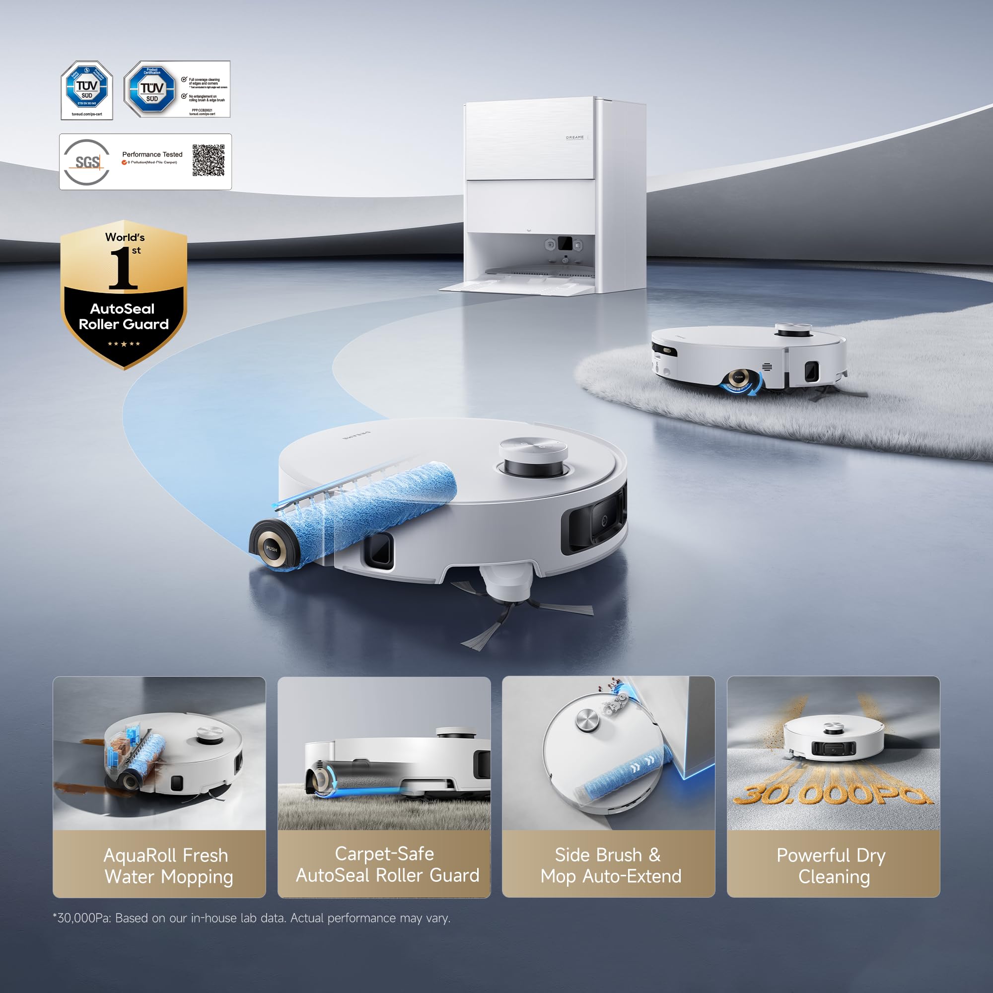 DREAME Aqua10 Roller AE Robot Vacuum, Roller Mop Fresh Water Mopping, Carpet-Safe Roller Guard, Auto-Empty, 30,000Pa Suction, 212℉ Hot Water Mop Washing, Hot Air Drying, 100% Detangling, Voice Control