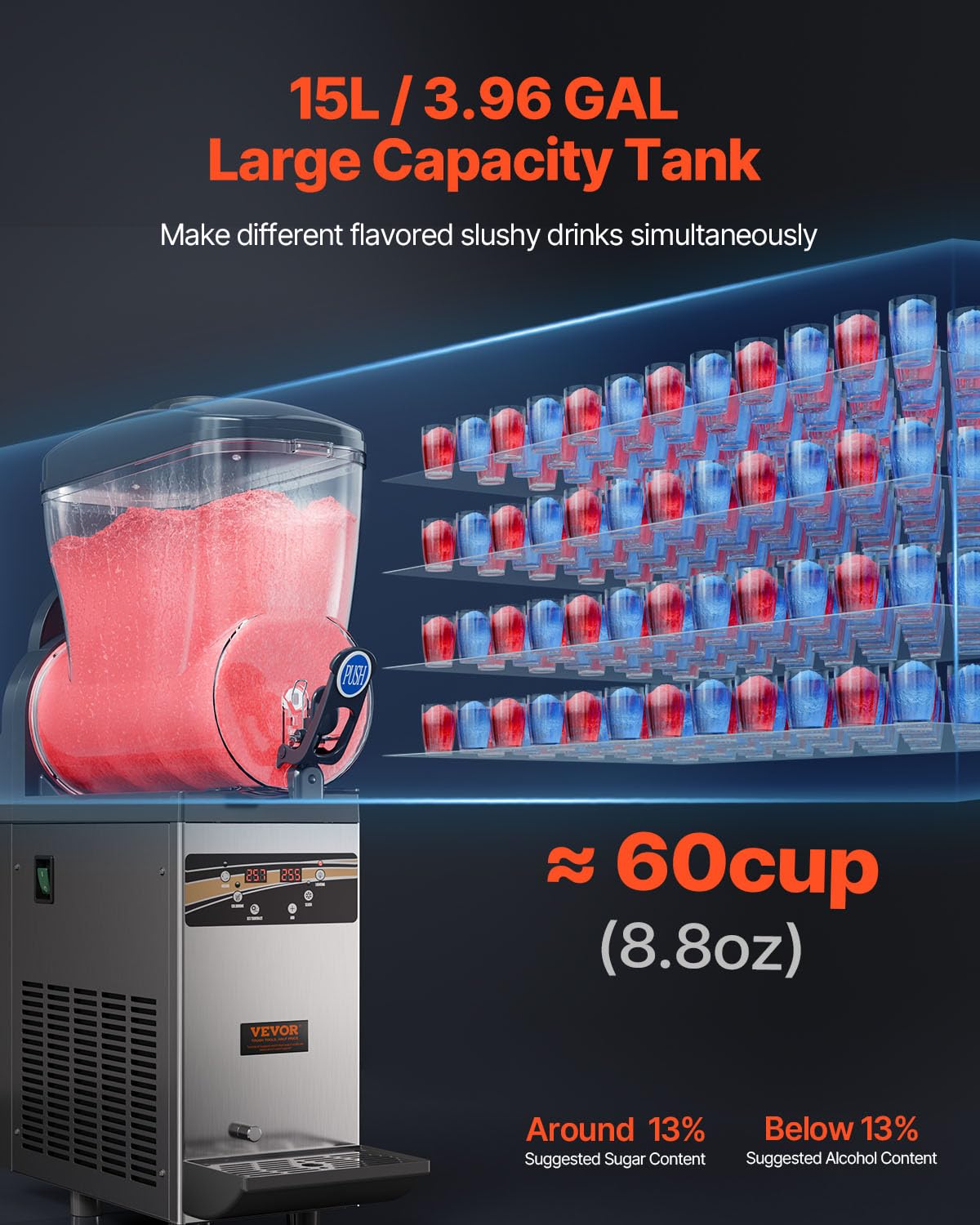 VEVOR Slushie Machine, 15L Single Tank Commercial Margarita Machine, 60 Cups Stainless Steel Margarita Smoothie Frozen Drink Machine, Slushy Machine for Home Party Restaurants Cafe Bars