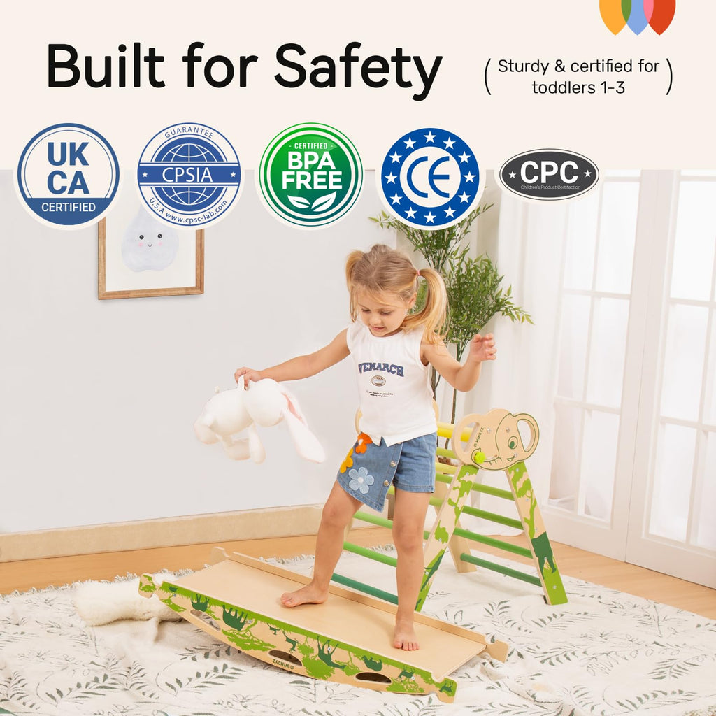 WINGYZ Pikler Triangle Set, Montessori Foldable 8-in-1 Jungle Gym & Reversible Animal Slide, Patent-Protected Climbing Set, Safe 2.35" Gap ASTM F963 Standards for Toddlers 18 Months-5 Years (Rainbow)