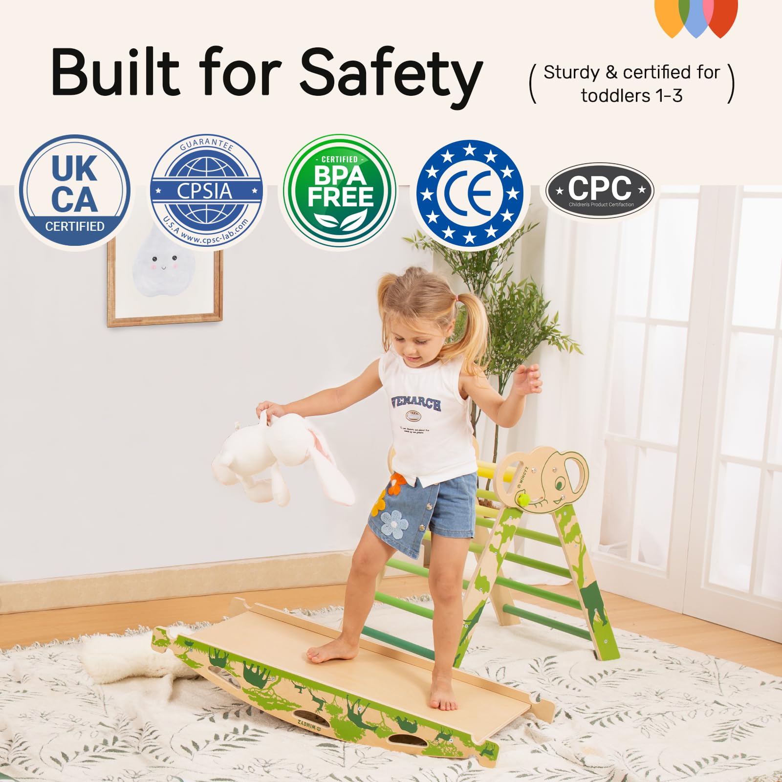 WINGYZ Pikler Triangle Set, Montessori Foldable 8-in-1 Jungle Gym & Reversible Animal Slide, Patent-Protected Climbing Set, Safe 2.35" Gap ASTM F963 Standards for Toddlers 18 Months-5 Years (Rainbow)