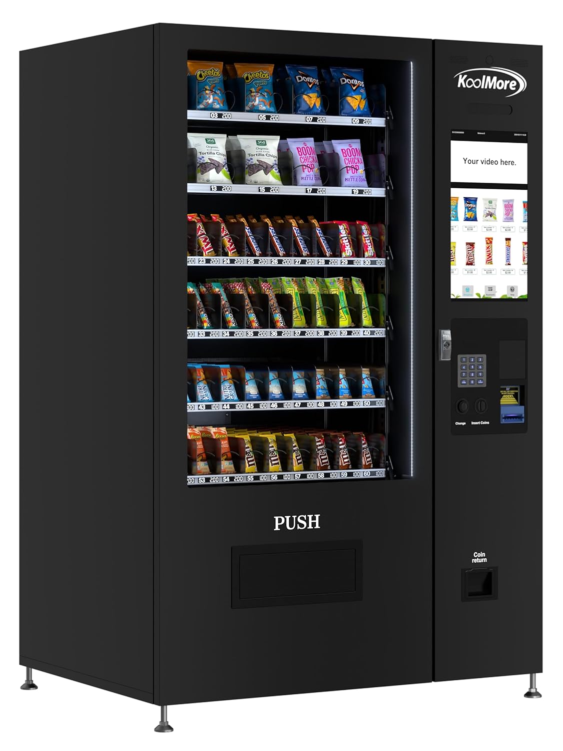 KoolMore Non-Refrigerated Snack Vending Machine with 60 Slots, Coin and Bill Acceptor, and 22 Inch Touch Screen in Black (KM-VMNT-50-BC)