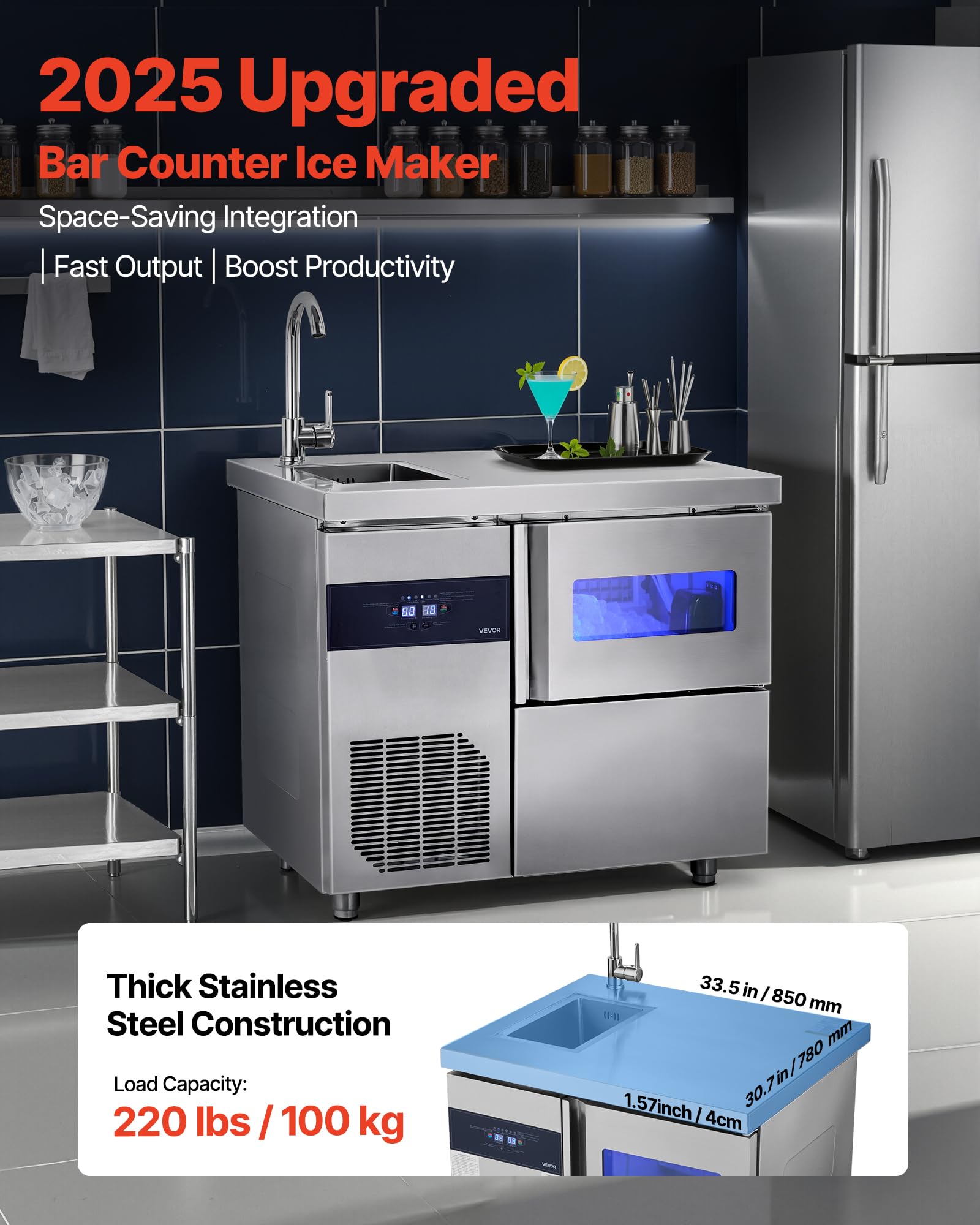 VEVOR Commercial Ice Maker Machine, 330 lbs/24H Stainless Steel Ice Machine with Worktop, 88 lbs Storage & 144 Cubes/Cycle, Self-Cleaning Freestanding Ice-Making for Home Bar Office Restaurant Kitchen