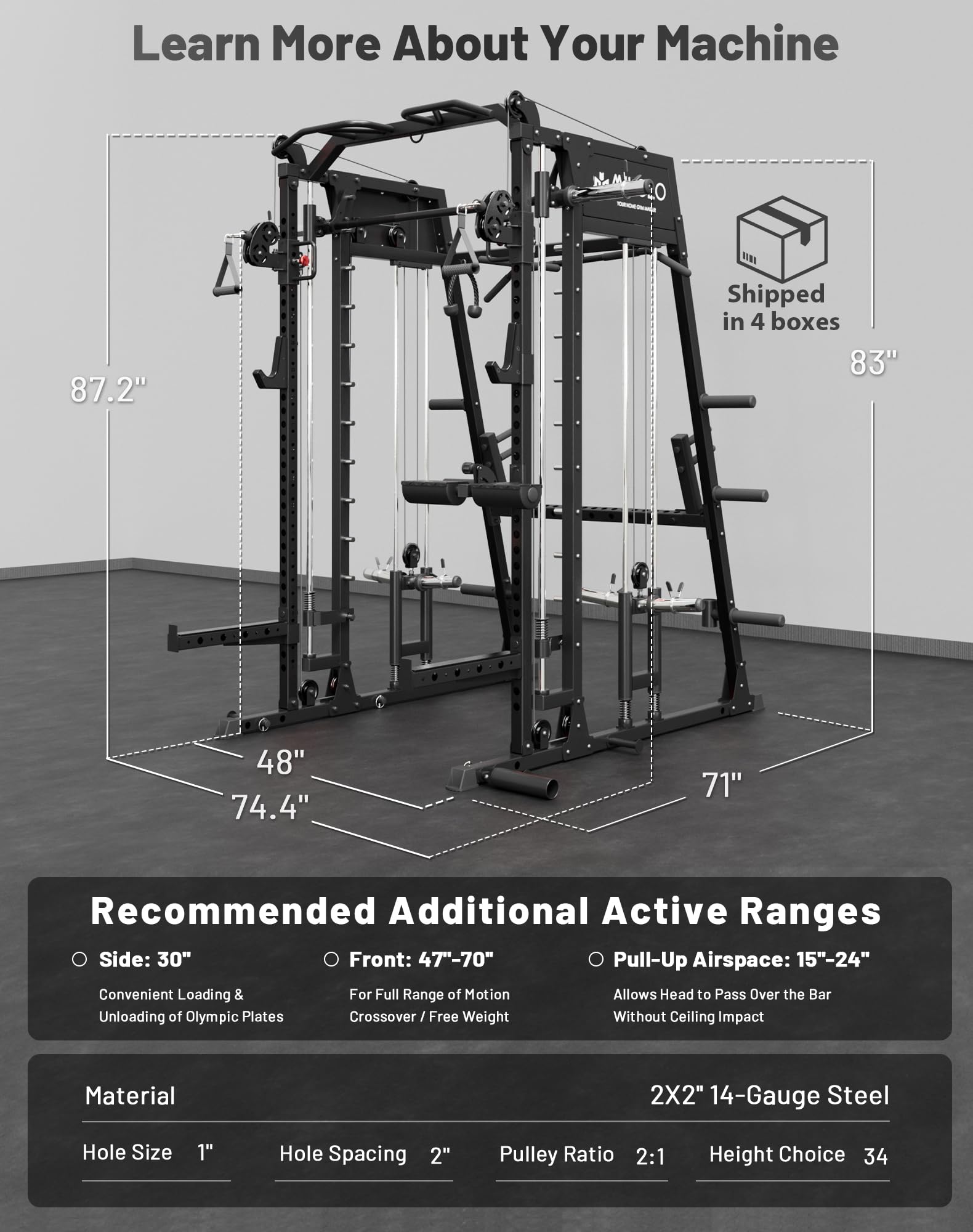 Mikolo M4 2.0 Smith Machine, 2200lbs Squat Rack with LAT-Pull Down System & Cable Crossover Machine, Training Equipment with Leg Hold-Down Attachment