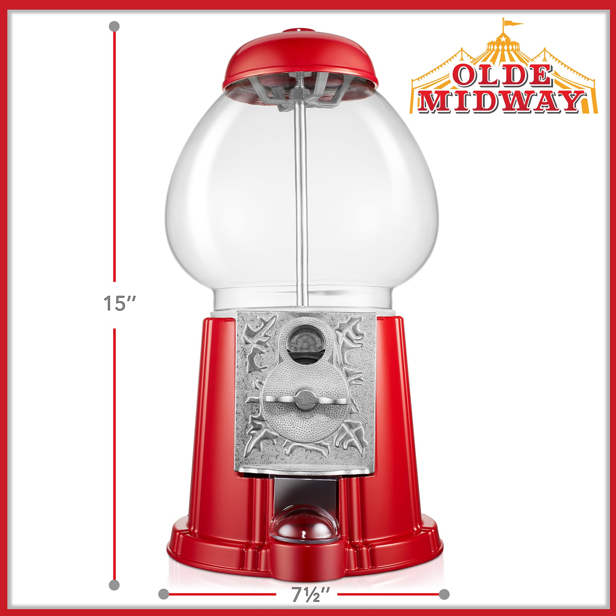 Olde Midway 15" Gumball Machine with Glass Globe and Metal Base - Red, Vintage-Style Bubble Gum Candy Dispenser