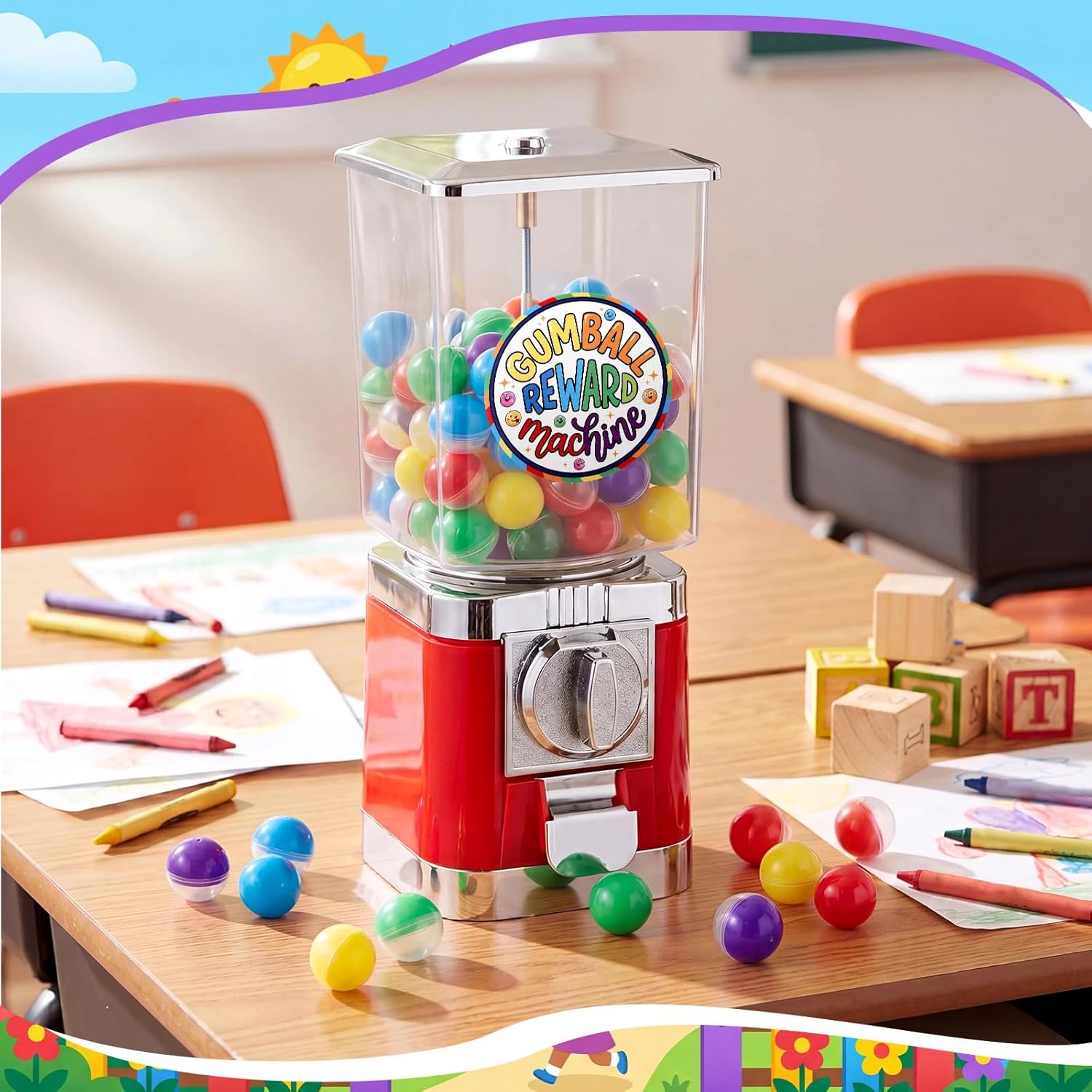 Classroom Vending Machine Bubble Gum Reward Machine Set with 100 Colorful Capsule No Coin Needed Teacher Reward Prize Box with Mini Capsule for Small Toys (No Toys)