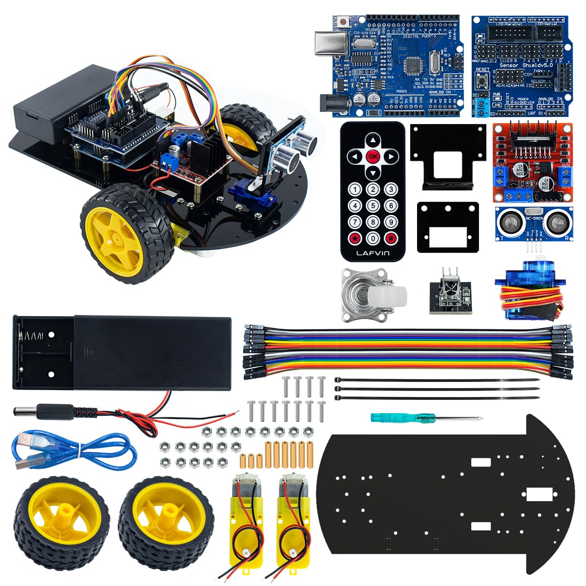 LAFVIN 2WD Smart Robot Car Kit with R3 Board, Ultrasonic Sensor, L298N Motor Driver, IR Remote Control, Obstacle Avoidance STEM Educational DIY Kit for Beginners
