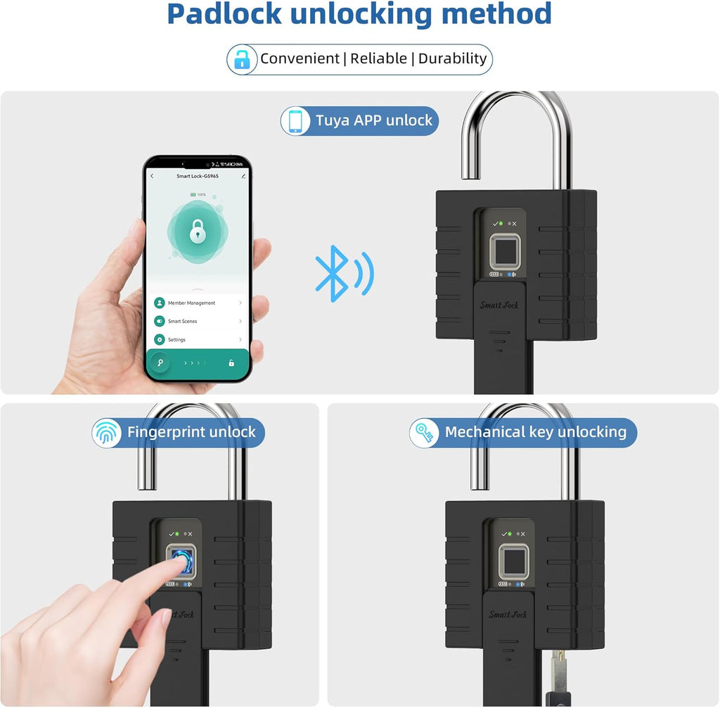 Smart Padlock with Keys, Heavy Duty Fingerprint Padlock, Remote Authorization via Phone, with Rest Key and 2 Keys,Waterproof Padlocks for School Locker,Truck,Warehouse,Gate,Office,Door