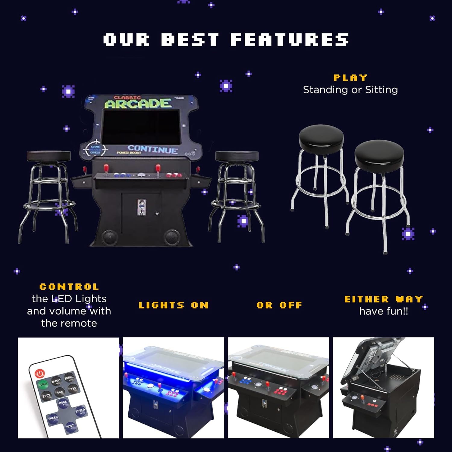 Creative Arcades Full Size Commercial Grade Cocktail Arcade Machine w/Riser | 2 Player | 1162 Games | 26" LCD Lifting Screen | LED | 4 Sanwa Joysticks | Trackball | 2 Stools | 3 Year Warranty