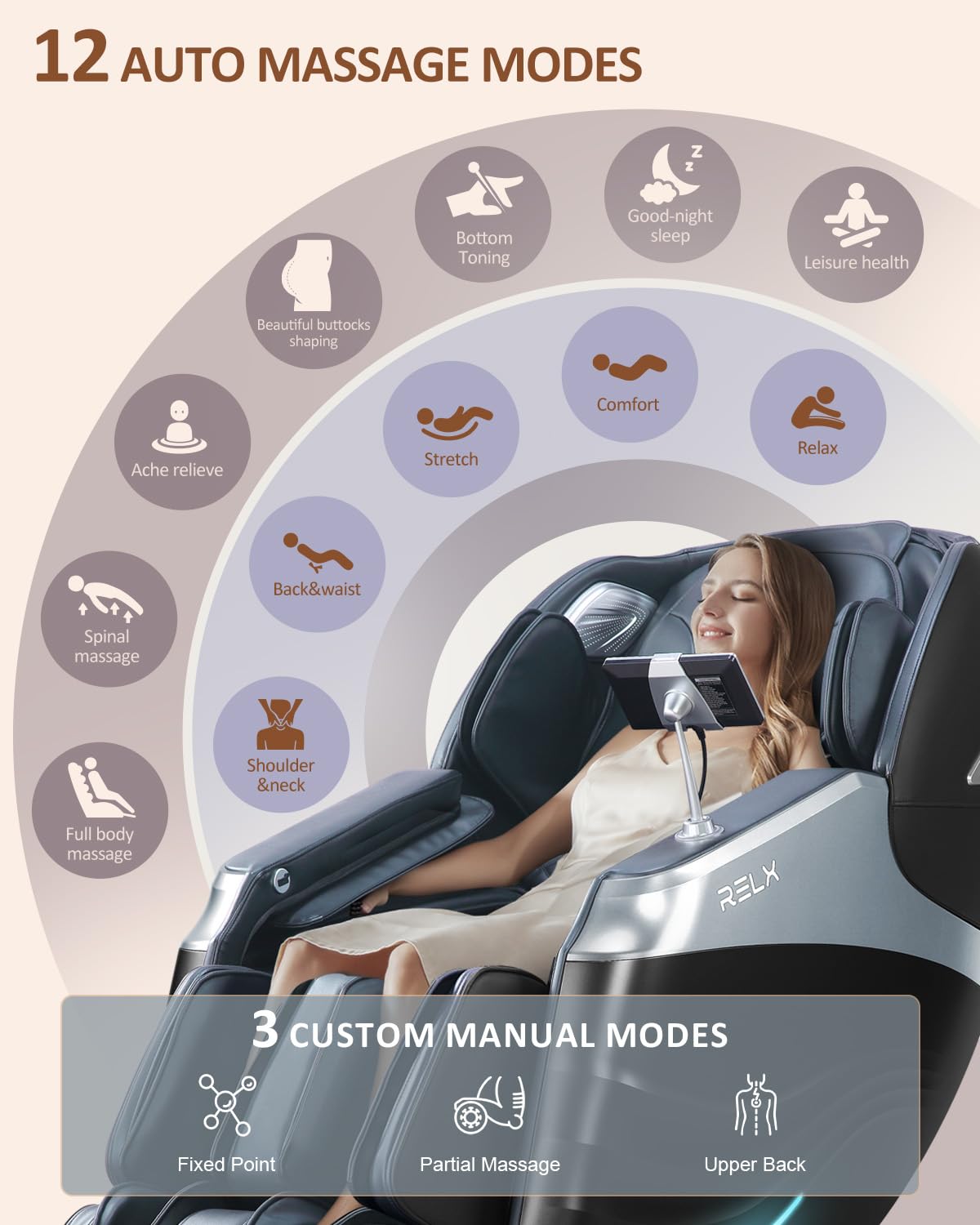 RELX Massage Chair Full Body, 20 Modes Zero Gravity SL-Track Shiatsu Massage Chair Built-in Heat System, Airbag Massage with Body Scan, Deep Yoga Stretch, Calfrest Extension and AI Control(Cream)