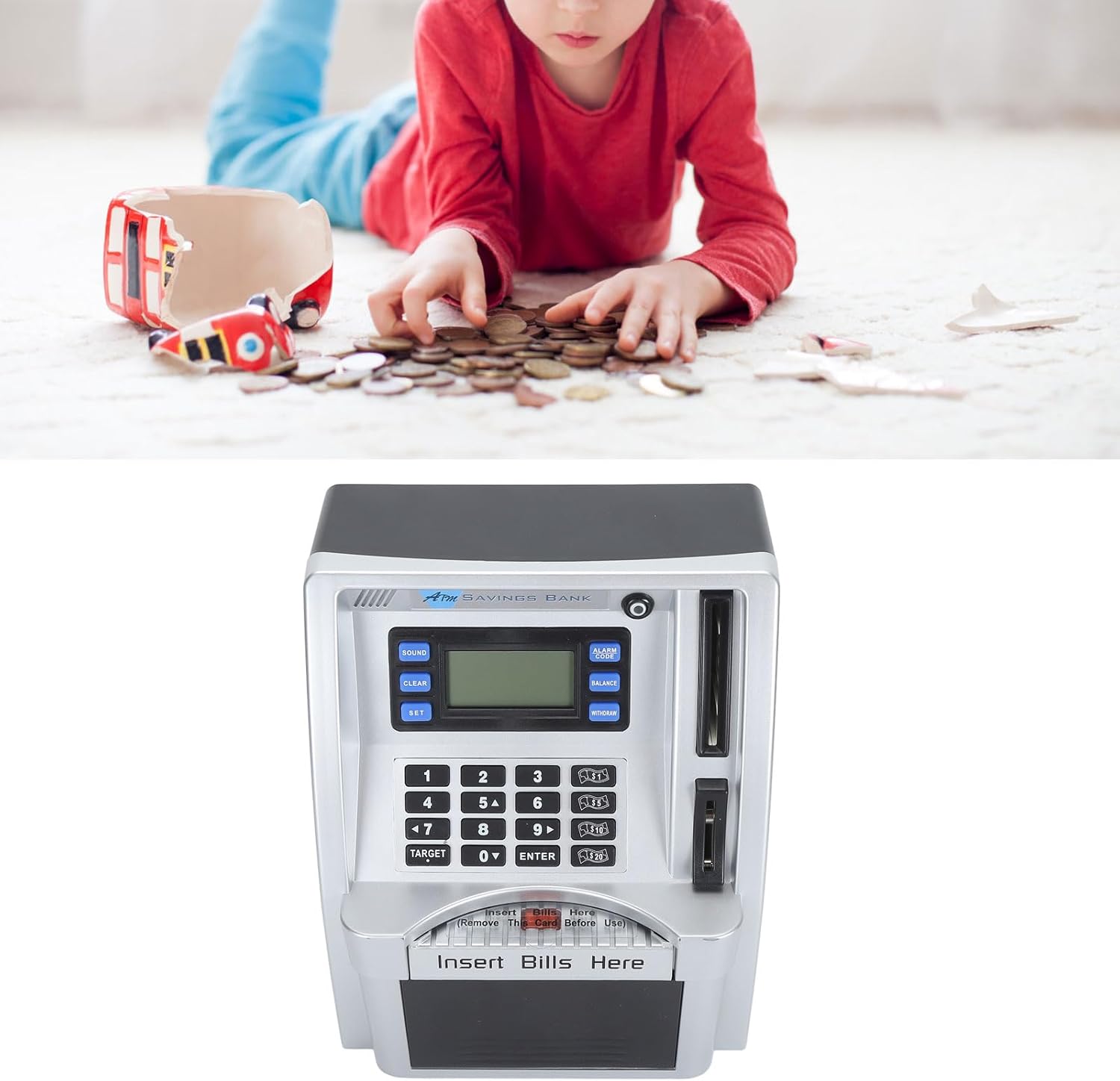 ATM Piggy Bank, Voice Prompt Money Counting Mini ATM Machine for Kids, Note Recognition, Targets Setting Piggy Bank with PIN Code Reset, Password Cash Can