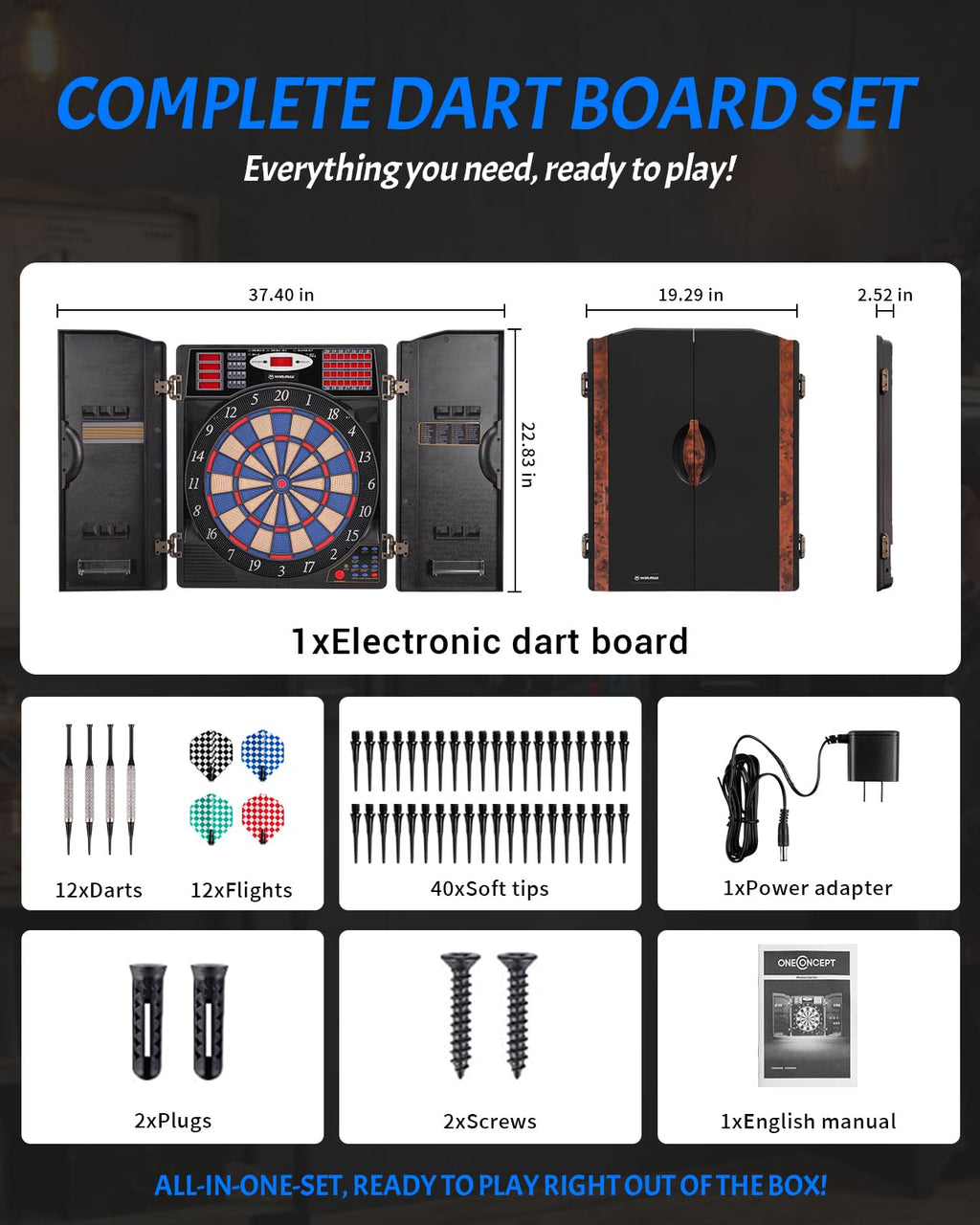 WIN.MAX Electronic Dart Board, Soft Tip Dartboard Cabinet Set for Adults, LED Scoring Dartboard with 38 Games & 211 Variants, Up to 16 Players, 12 Darts+40 Tips, Wall Mount for Bar Game Room Man Cave