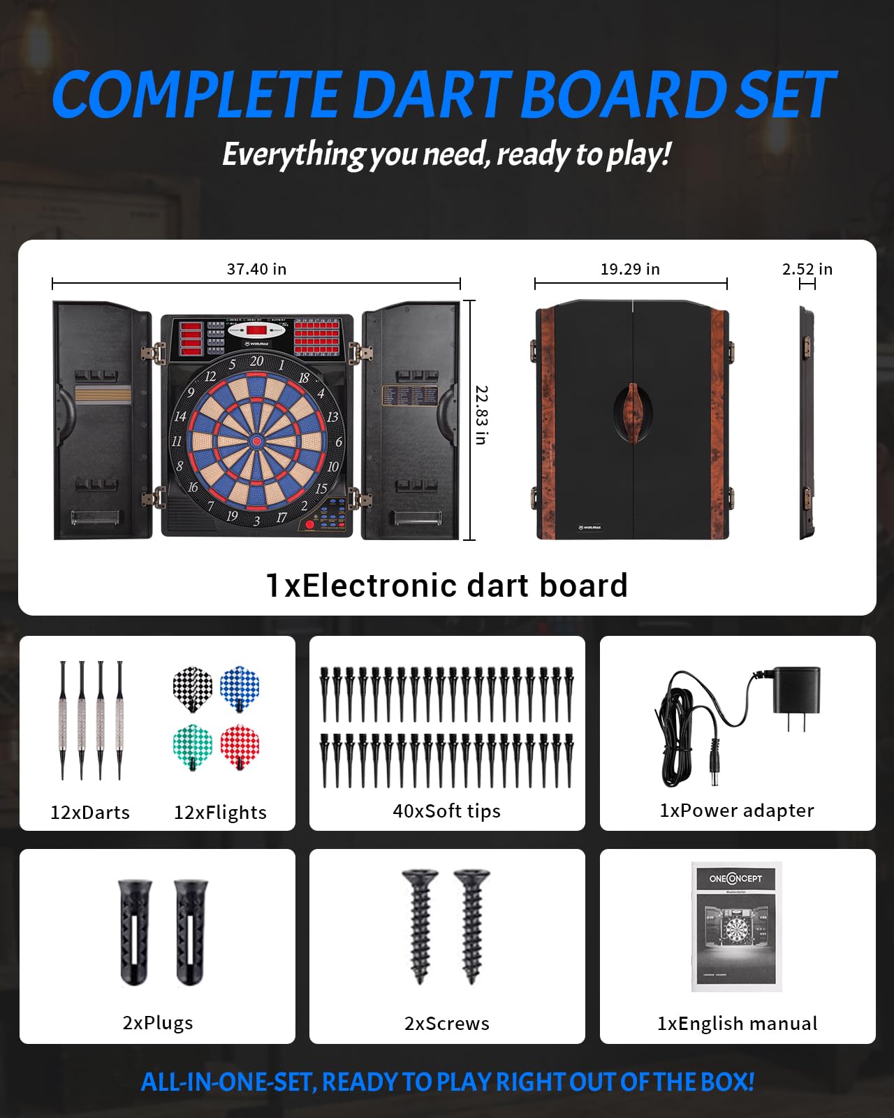 WIN.MAX Electronic Dart Board, Soft Tip Dartboard Cabinet Set for Adults, LED Scoring Dartboard with 38 Games & 211 Variants, Up to 16 Players, 12 Darts+40 Tips, Wall Mount for Bar Game Room Man Cave