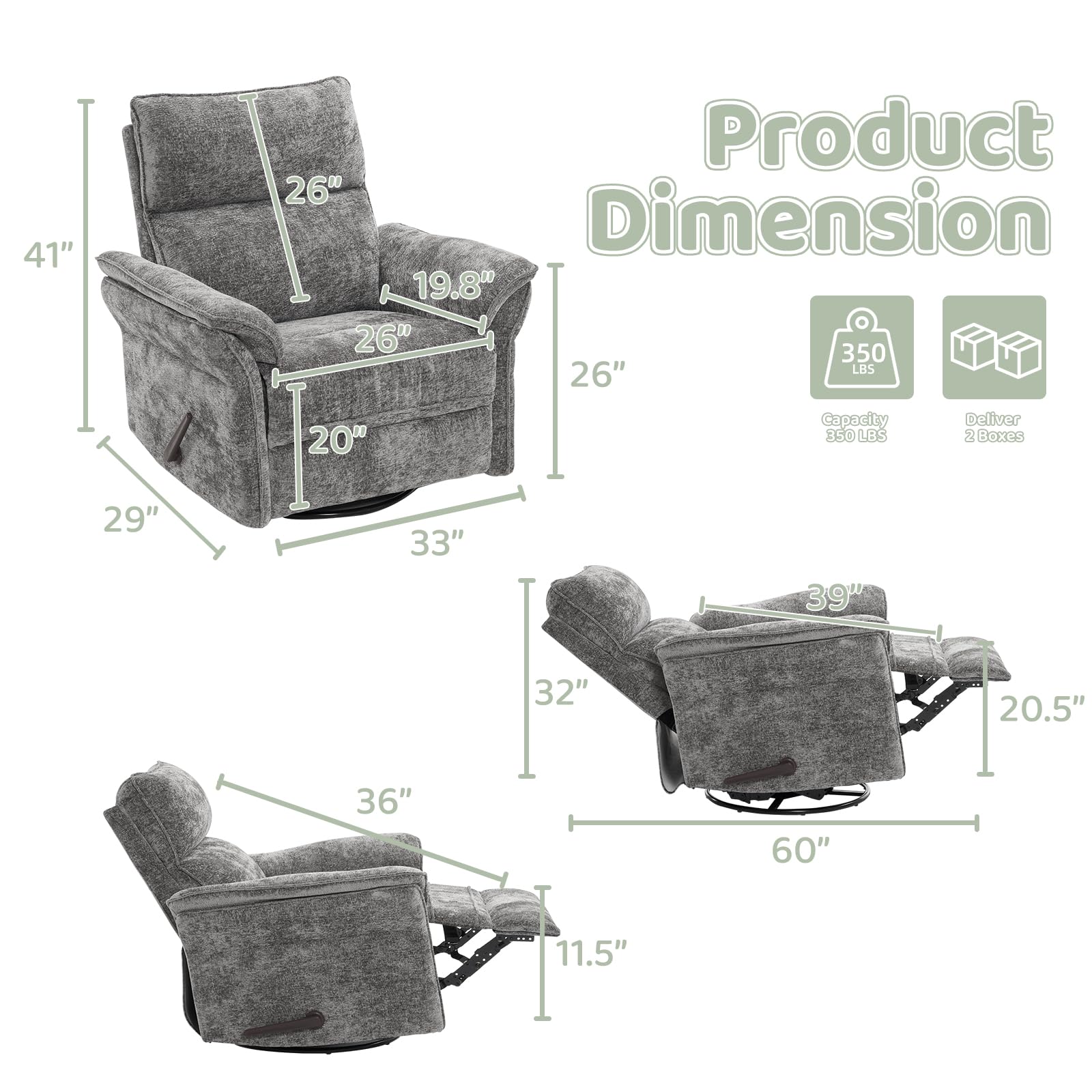 Oversized Rocking Chair Nursery with Massage and Heat, Glider Recliner Nursery Chair with Adjustable Headrest, Power Swivel Rocker Recliner Chair with USB Port, Dark Grey