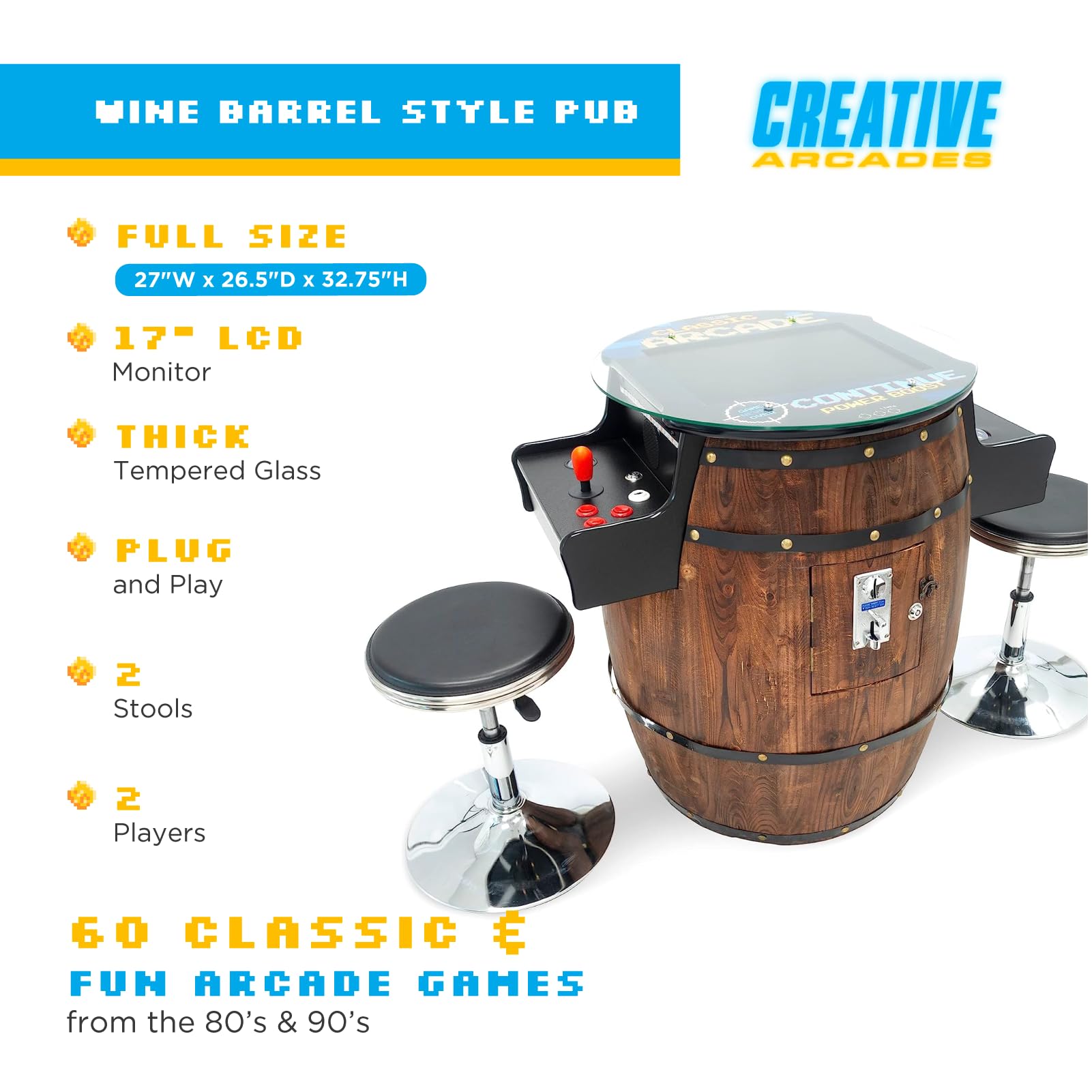 Creative Arcades Full-Size Commercial Grade Wine Barrel Style Pub Arcade Machine | Standard/Medium/Large | Classic Games | 2 Sanwa Joysticks | 2 Stools (Large, 60 Game, 19" Screen, Woodgrain)