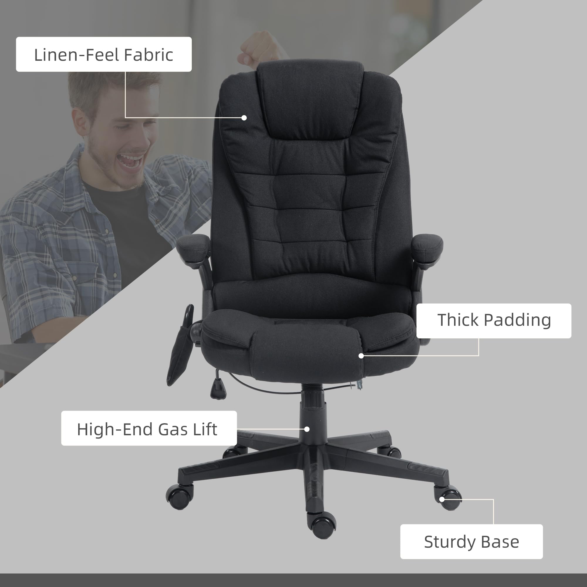 Vinsetto 6 Point Vibrating Massage Office Chair with Heat, Linen High Back Executive Office Chair with Reclining Backrest, Padded Armrests and Remote, Black