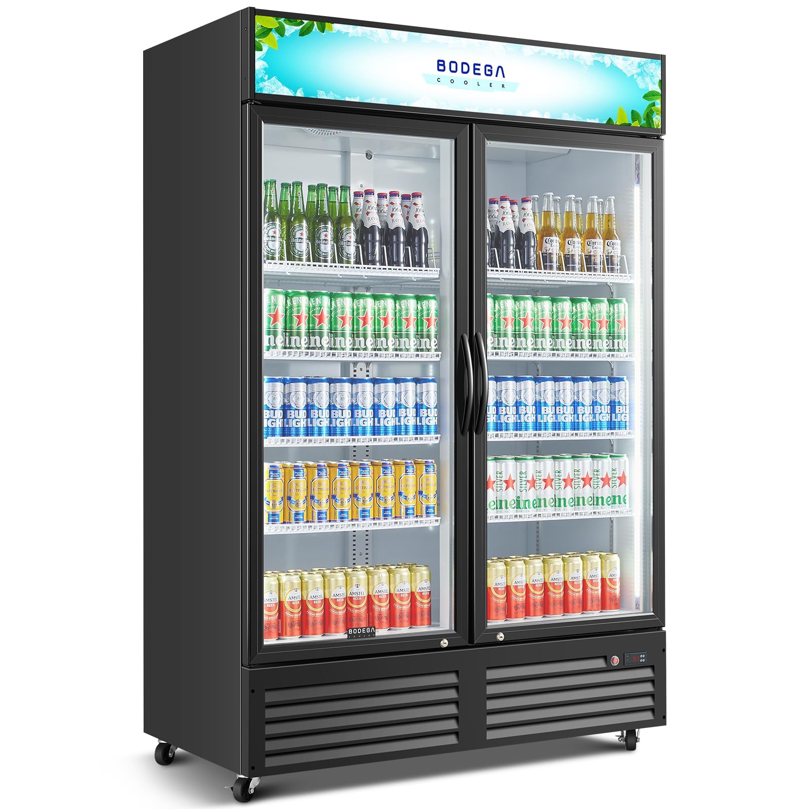 BODEGACOOLER Commercial Merchandiser Refrigerator, 27.02 Cu.Ft Double Glass Door Beverage Cooler, Upright Display Refrigerator with Soft LED Light, Adjustable Shelves, 4 Heavy-Duty Casters, Black