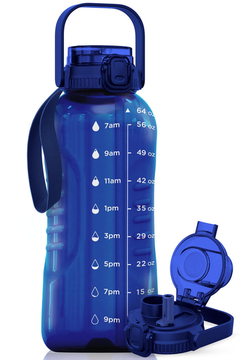 AQUAFIT 64 oz Water Bottle with Time Marker - 2in1 Straw & Chug Lid - BPA Free Big Water Bottle with Straw - Gym Water Bottle with Strap - Water Jug (64 Ounces, Clarity)