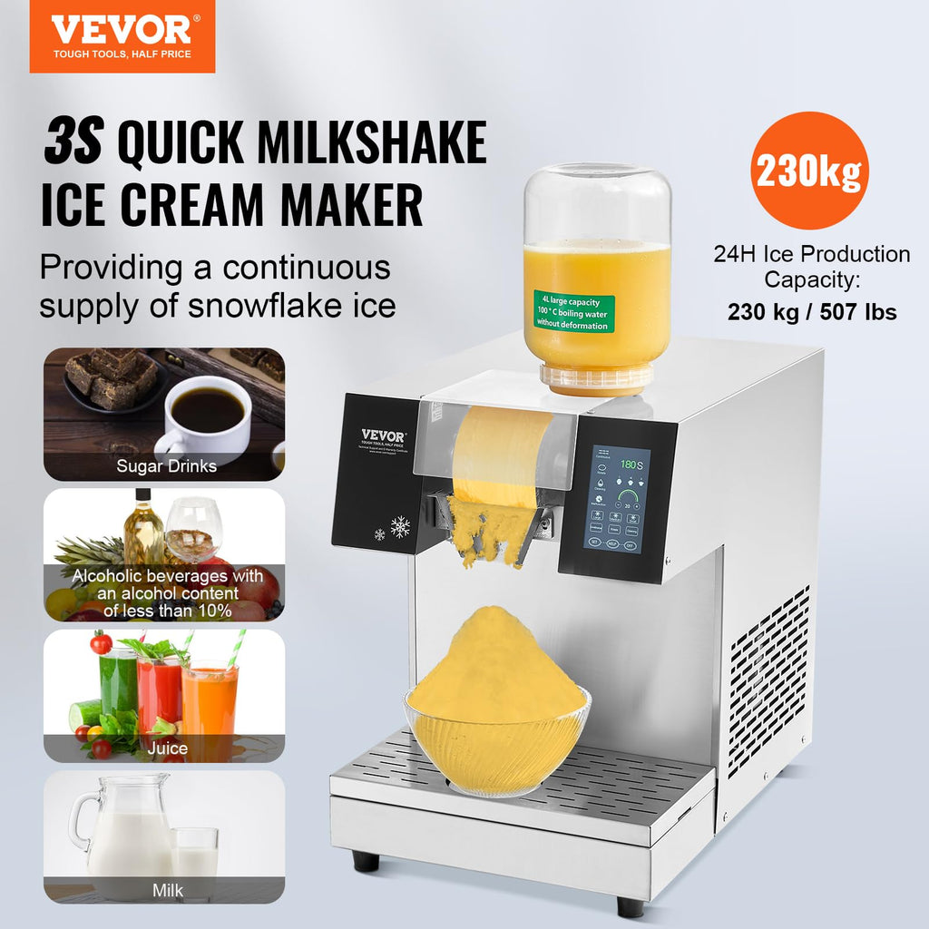 VEVOR Commercial Snowflake Ice Machine, 397LBS/24H Snowflake Ice Maker, Stainless Steel Ice Shaver Machine, Electric Snow Cone Maker, Liquid Cooling System for Rapid Heat Dissipation, Ice Cream