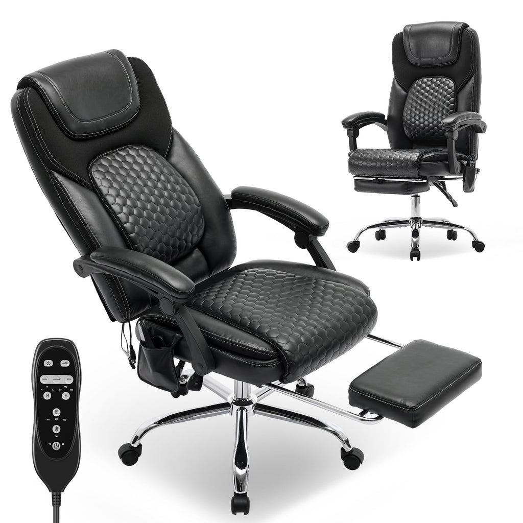 MALOL Massage Office Chair with Heat and Footrest - 3-Level 65°C Targeted Heating, 20-Min Easy Assembly Leather Desk Chair, Big and Tall Executive Computer Chair with Side Pocket, 300 lbs, Beige