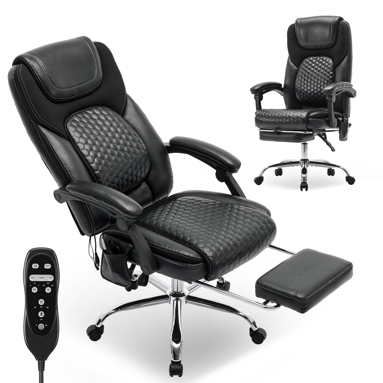 MALOL Massage Office Chair with Heat and Footrest - 3-Level 65°C Targeted Heating, 20-Min Easy Assembly Leather Desk Chair, Big and Tall Executive Computer Chair with Side Pocket, 300 lbs, Beige