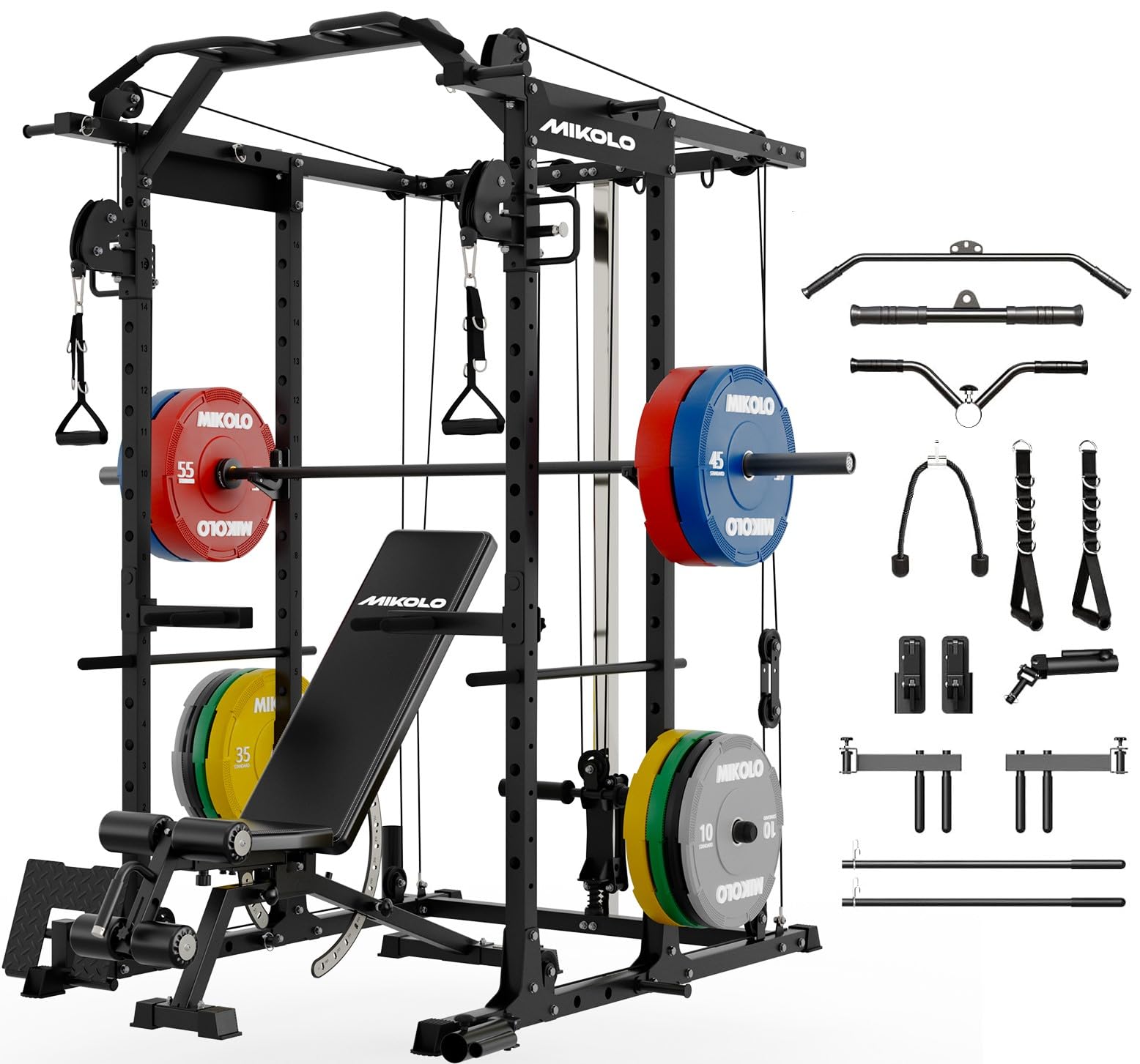 Mikolo Power Cage, Power Rack with Cable Crossover System, 1500LBS Squat Rack with LAT Pull Down System, Workout Cage with Pulley System for Fitness Home Gym