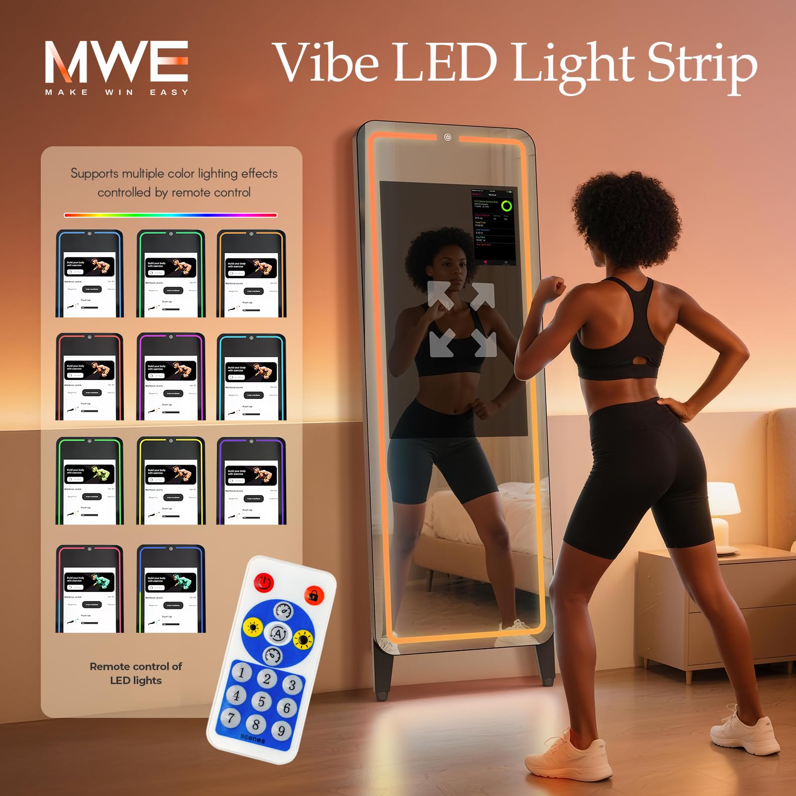 Smart Gym Mirror for Home Workout | 32" HD Touch-Screen Andriod OS | 63" Reflective Surface | No VIP Fees Support Various APPs, Music Sync LED Light Strip, for Home Gym/Yoga/Dance