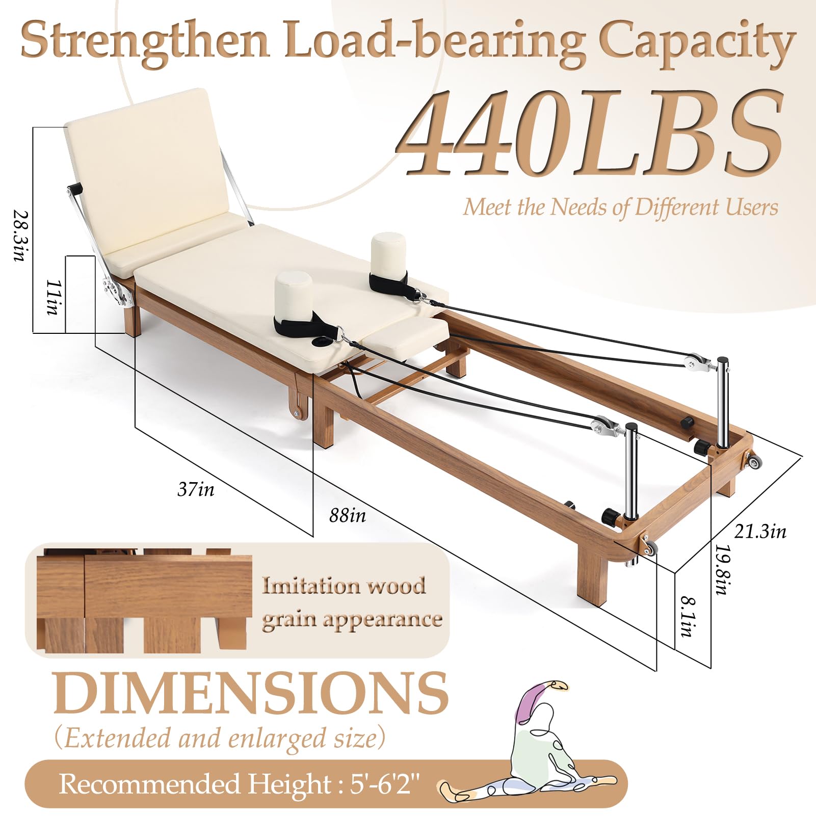 Foldable Pilates Reformer Machine – 88" Long Imitation Wood Frame with Jumpboard & Box Included, Dual Resistance System (Springs + Latex Tubes) for Full Body Workout, Home Gym Equipment for Women Men