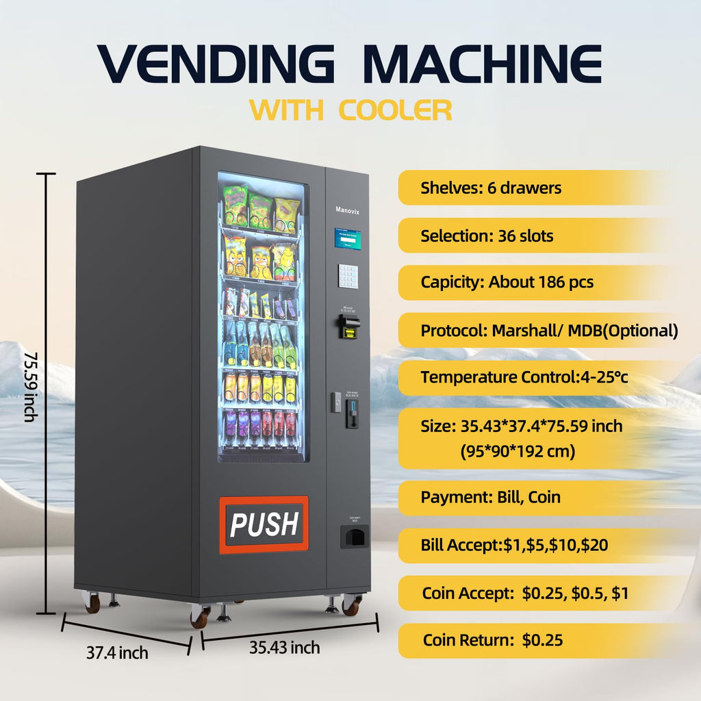 Manovix Refrigerated Beverage Snack Combo Vending Machine for Business, 36 Slots Snacks Drink Commercial Vending Machine Durable Cold Soda with Bill and Coin Acceptor