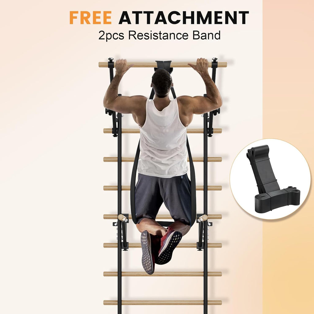 Swedish Ladder Wall Gym, Stall Bar Home Gym with Adjustable Pull-Up Bar, Dip Bar Attachments & 2pcs Resistance Band, 9 Strategic Rods for for Home, School, Hysical Therapy and Gymnastics