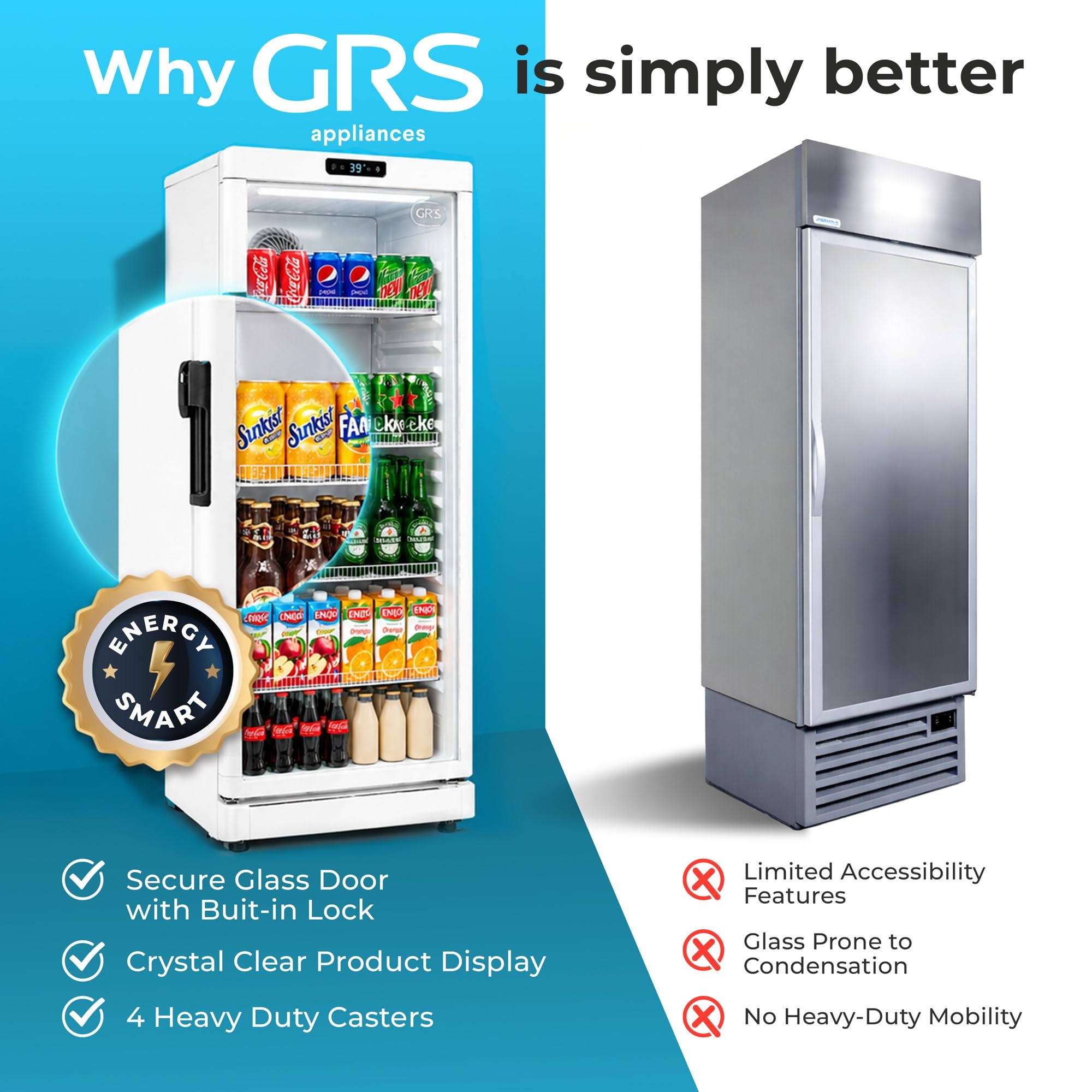 GRS Commercial Display Refrigerator with Glass Door Lock | Cool Air Flow & Temperature | Beverage fridge, Drink and Wine Cooler with Adjustable Display Shelf for Stores and Bars | Black, 7.1 Cu. Ft